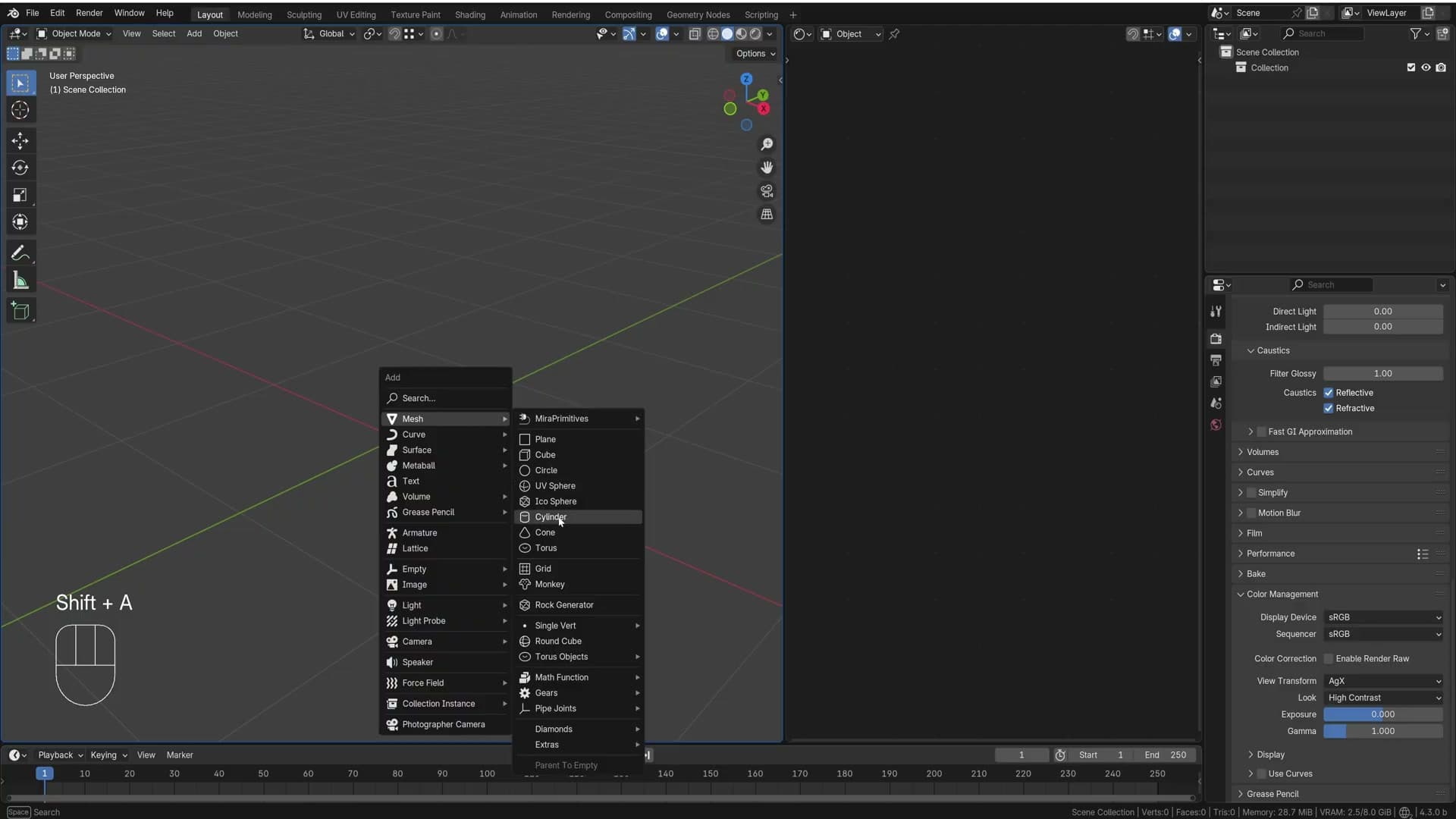 Default scene cleared with A then X, ready for a fresh cylinder primitive.