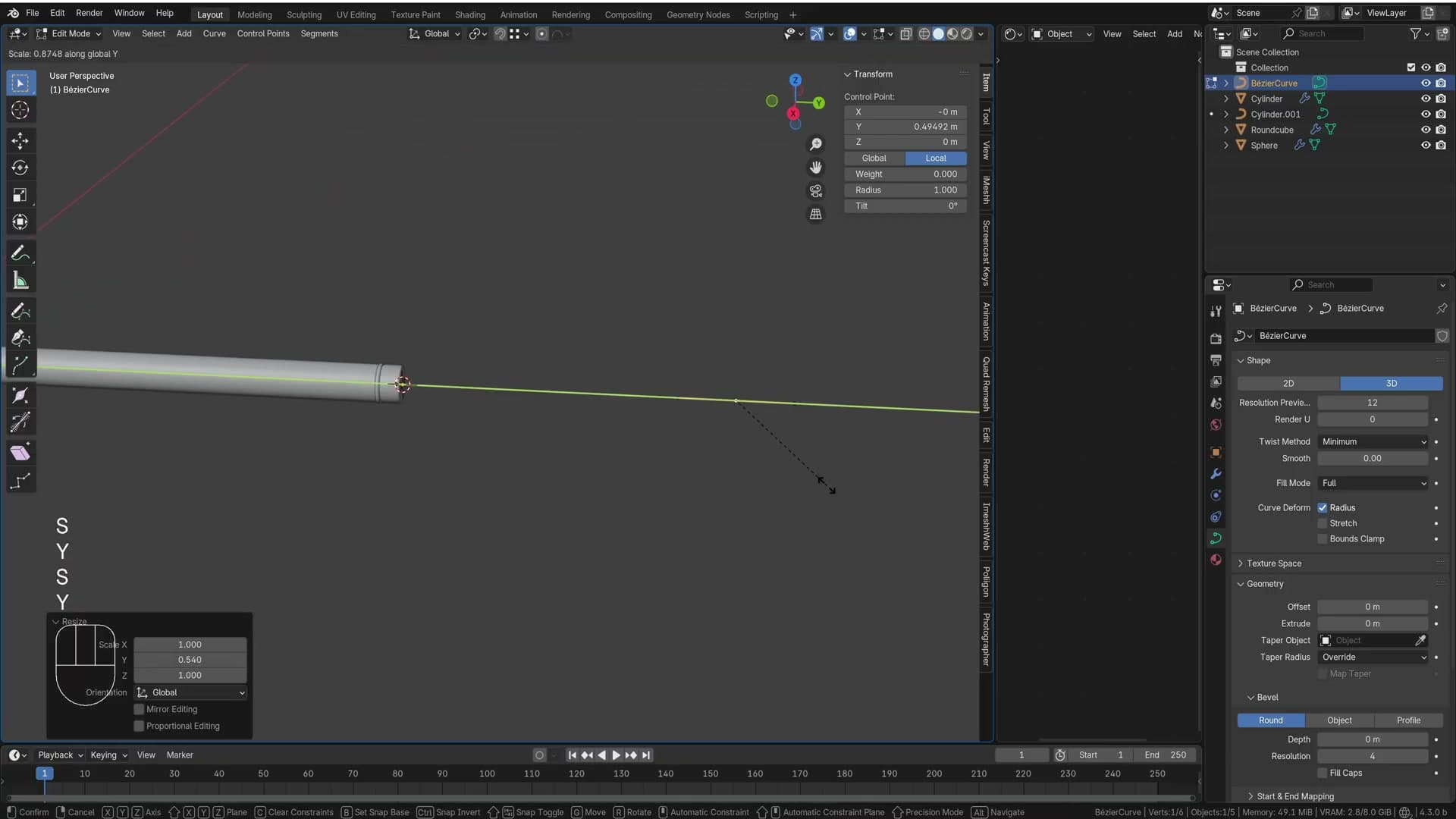 Bezier curve dropped at the cursor, scaled and rotated so the cable exits the rear leg cleanly.