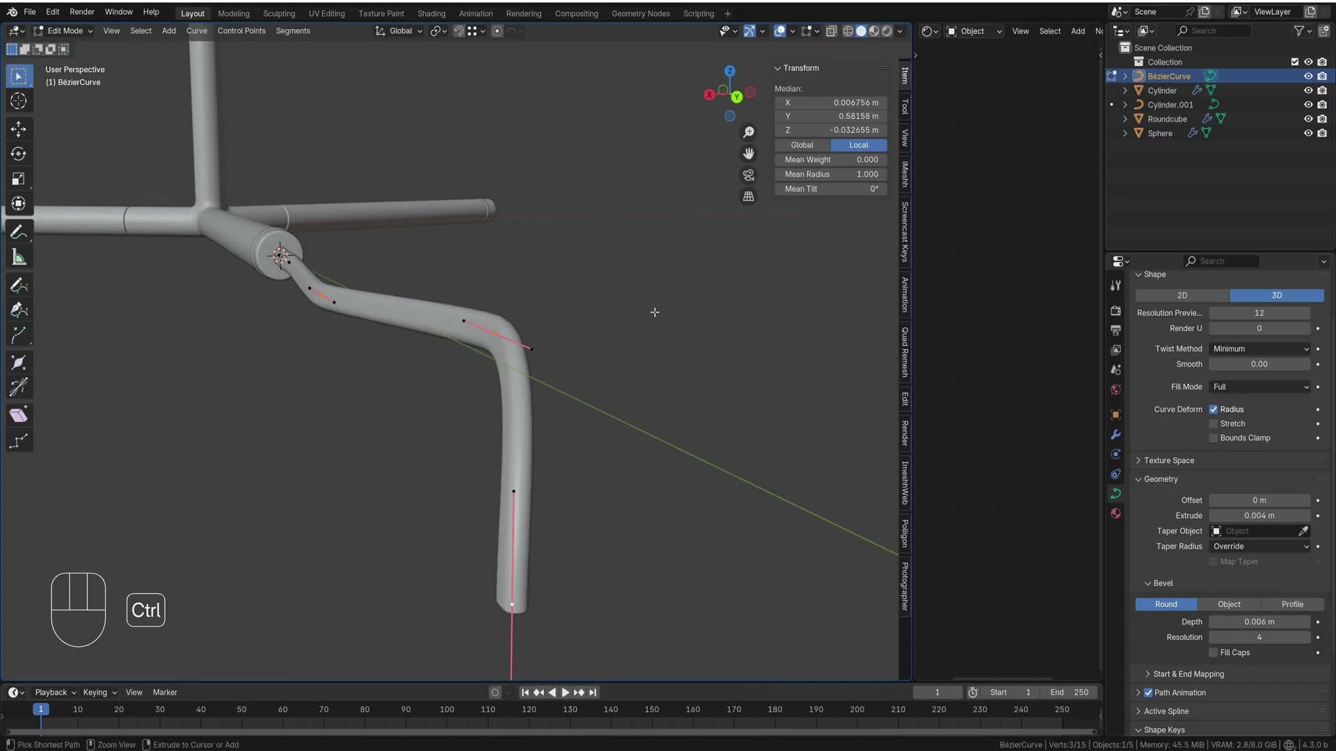 Geometry → Bevel adds wire thickness; Shift+E extrudes extra control points along the path.