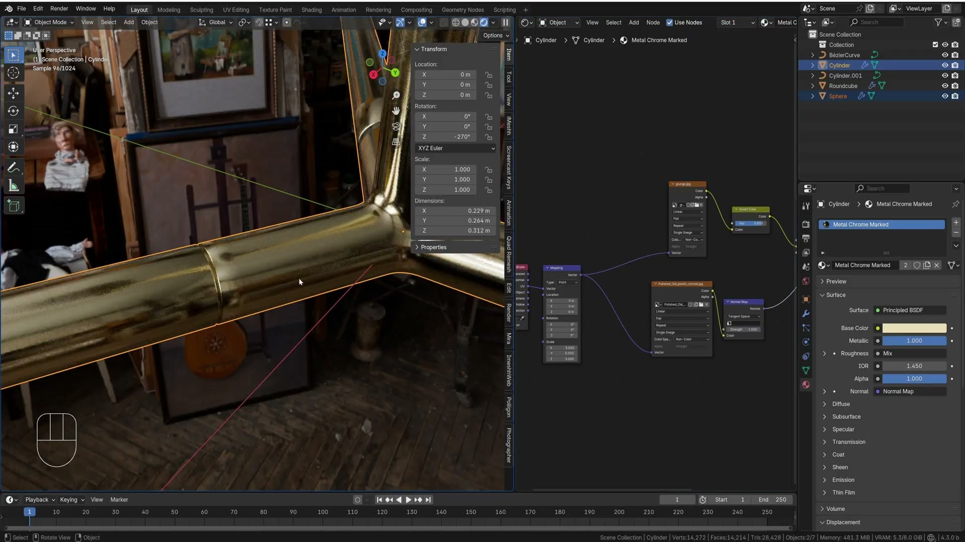 Cycles render preview shows the tuned chrome reflecting cleanly off the new geometry.