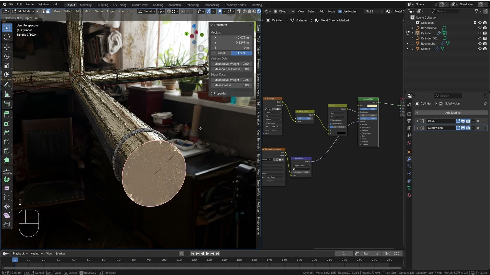 Ctrl+R loops added near the leg joins remove the glossy pinch artefacts the chrome made obvious.