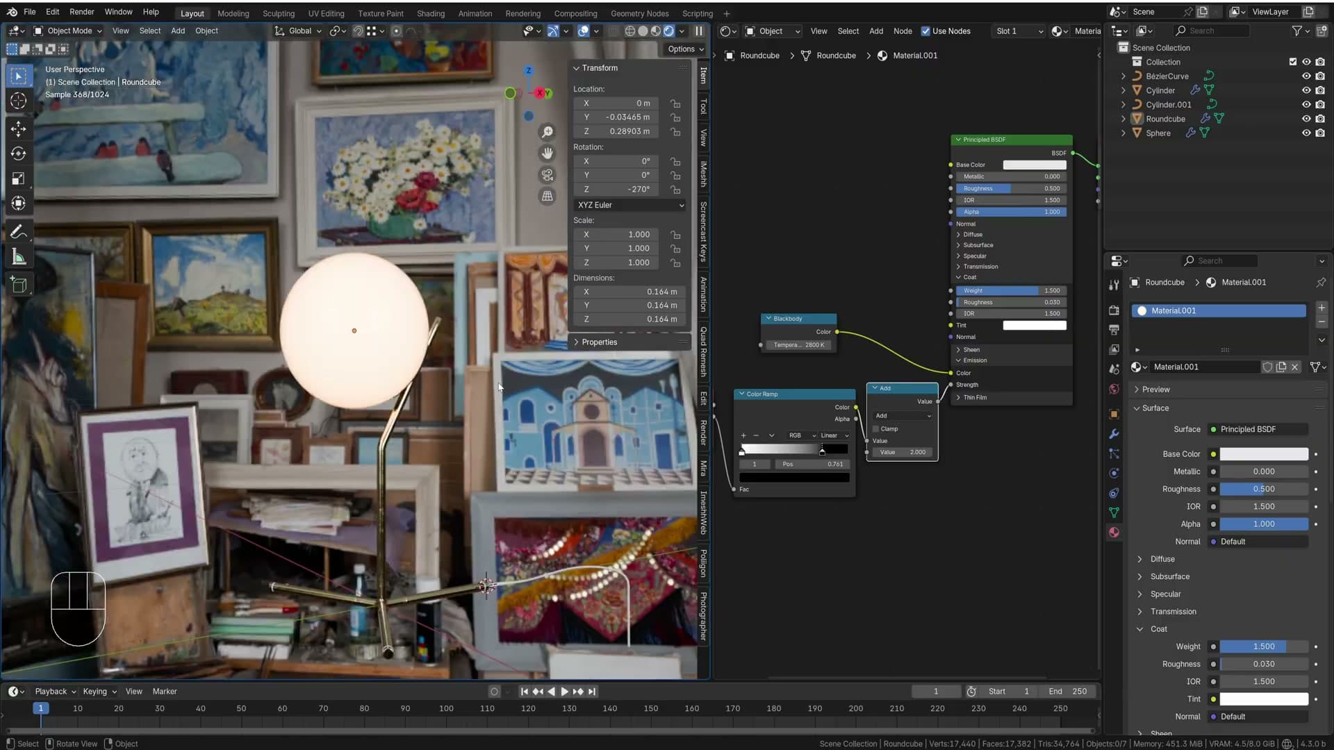 Multiply node boosts the strength to 2; the bulb reads as glowing backlit glass in Cycles.
