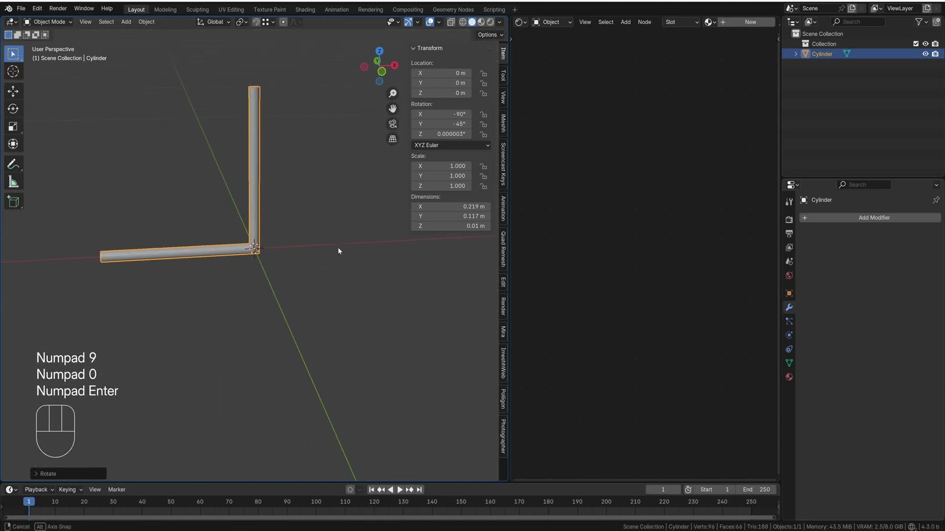 First mirror modifier with the cylinder rotated 45°. Bisect enabled clips the excess past the mirror axis.