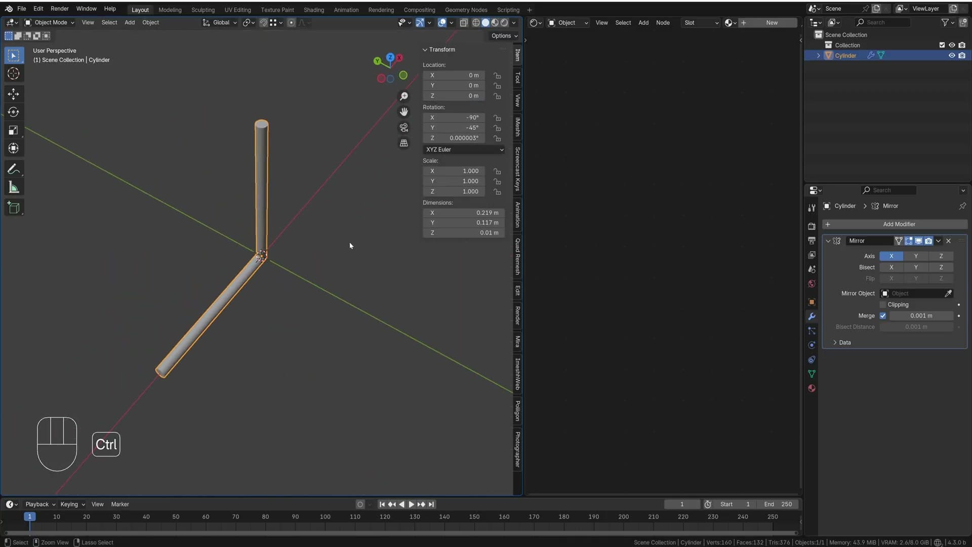 The angled cylinder now points upward at 45° as the start of the leg/stem.