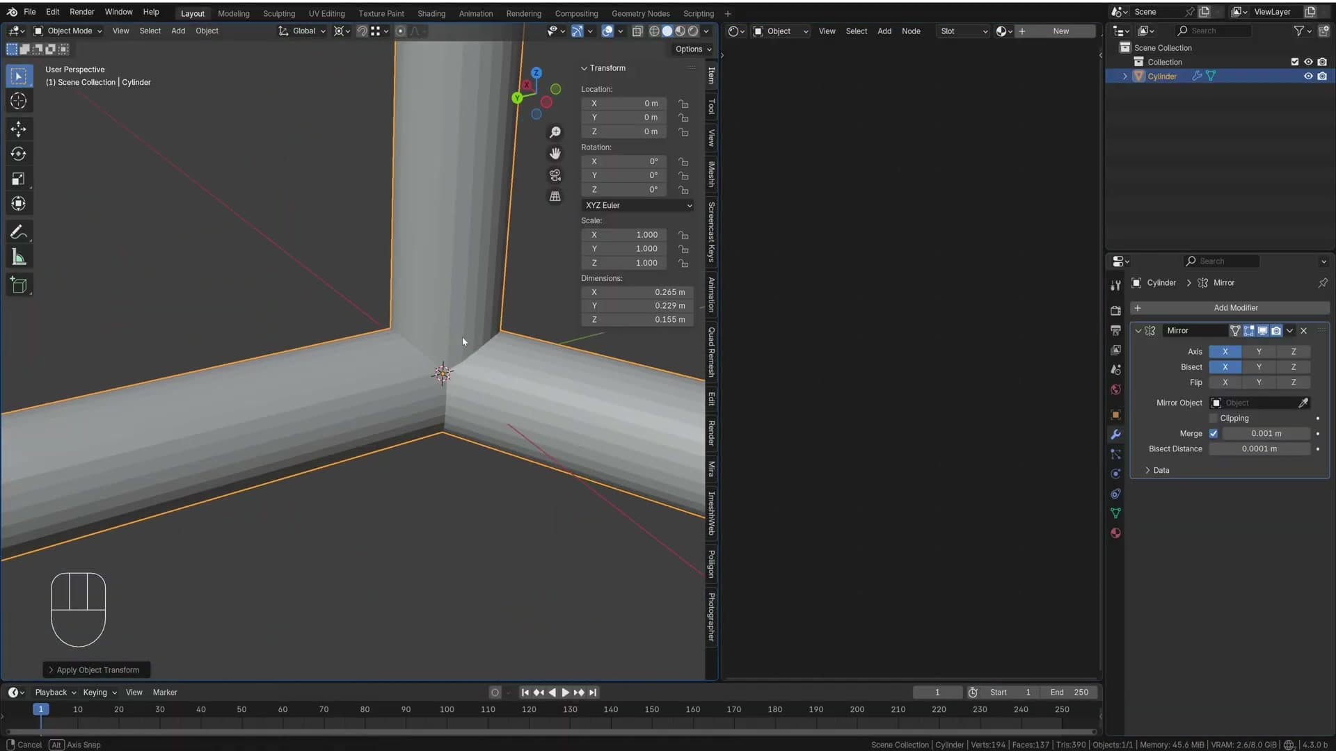Three mirror modifiers stacked: a single cylinder now drives four base legs.