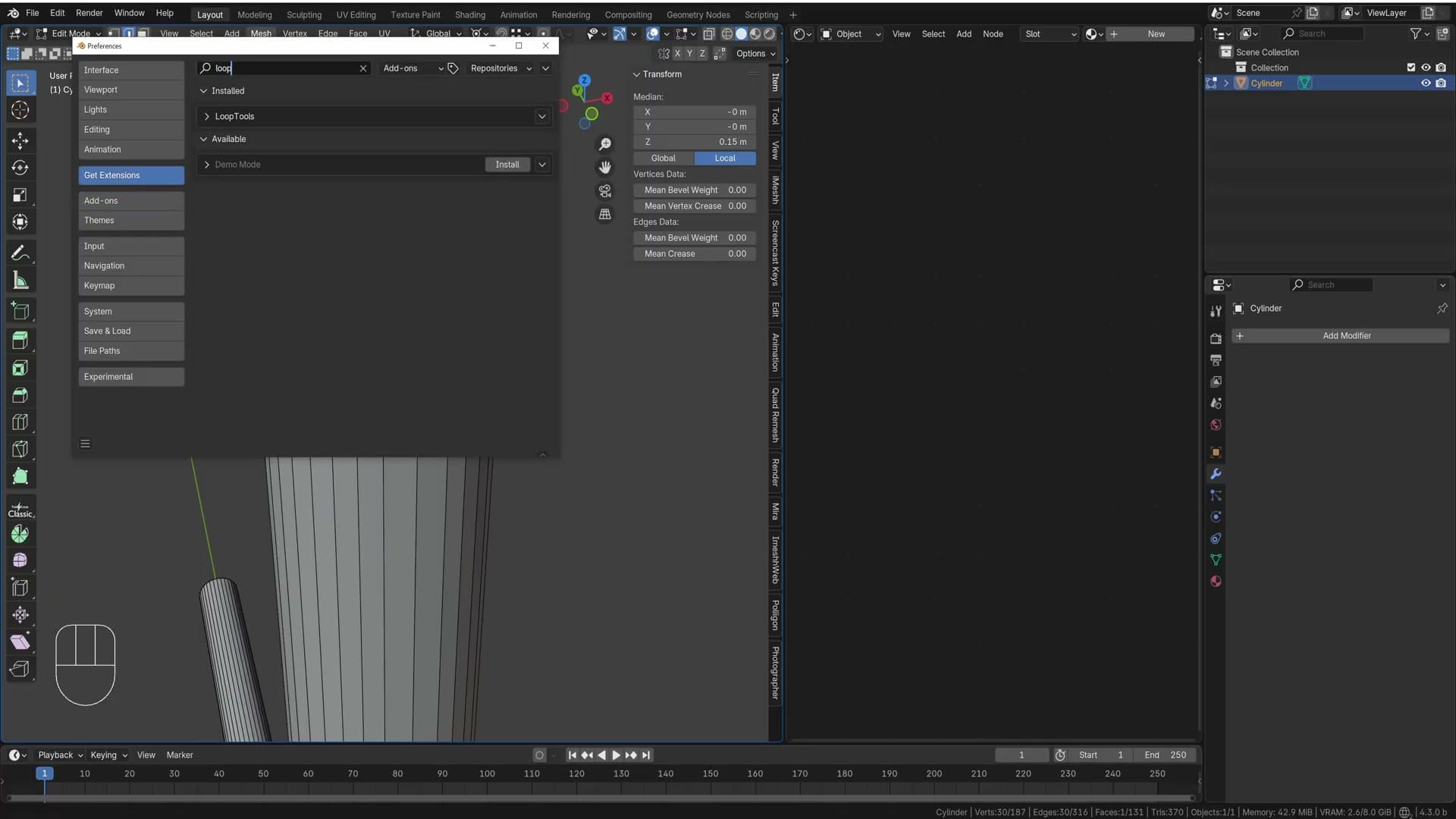Loop Tools enabled via Edit → Preferences → Extensions.