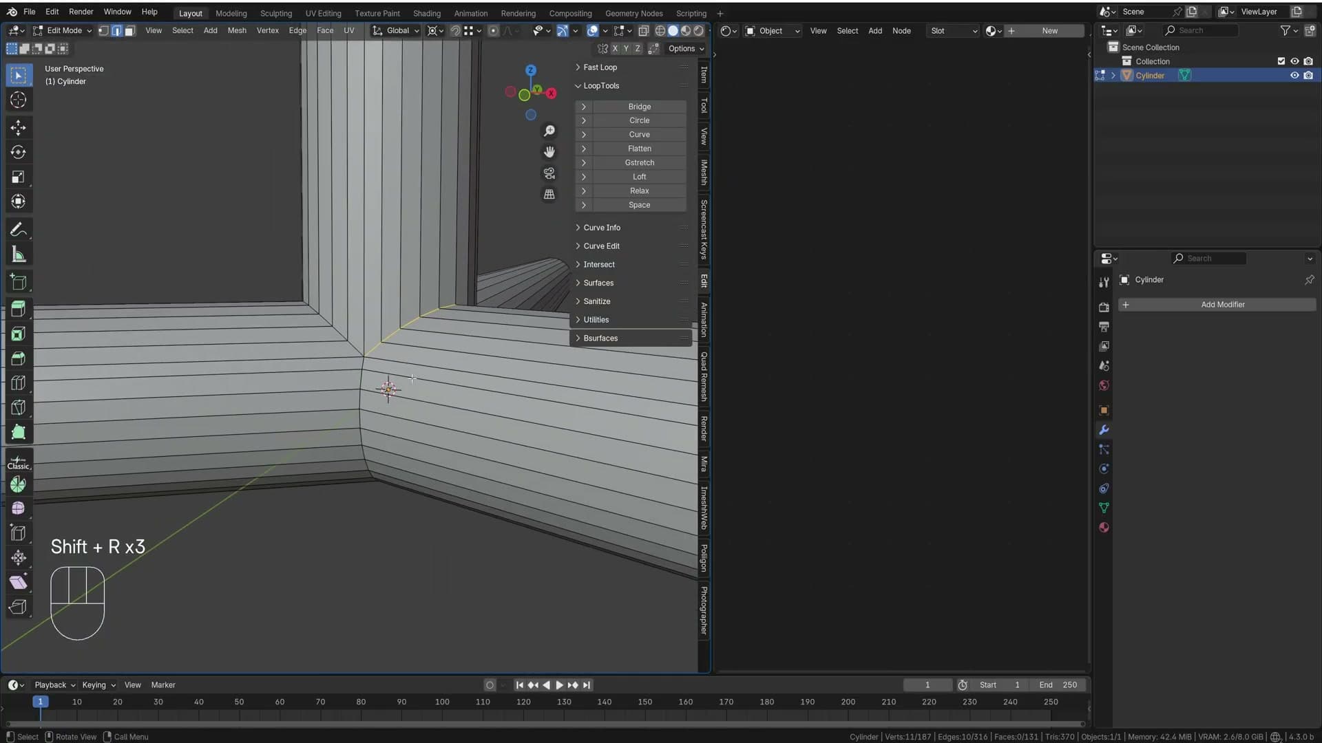 Space evenly distributes loop edges; Shift+R repeats the action across every ring.