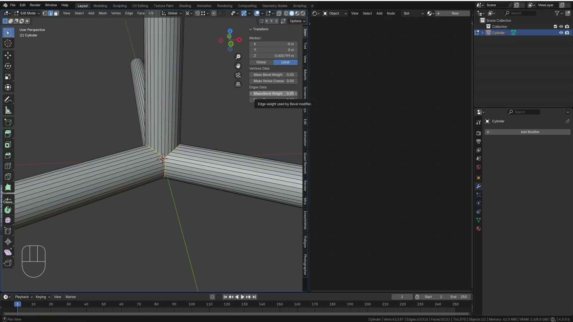 Selected corner edges turn blue once mean bevel weight is set to 1 in the N-panel.