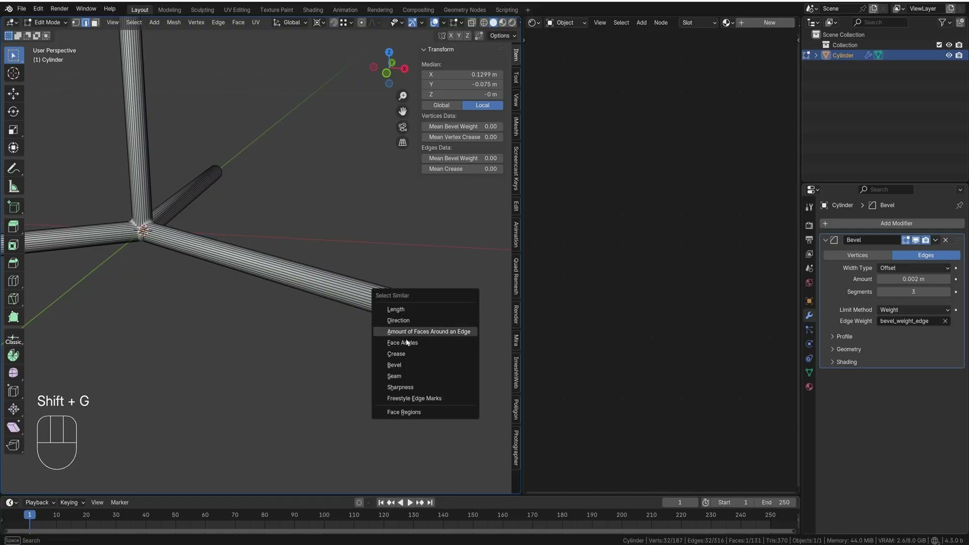 Bevel modifier limit method set to Weight: only the marked edges receive a bevel.