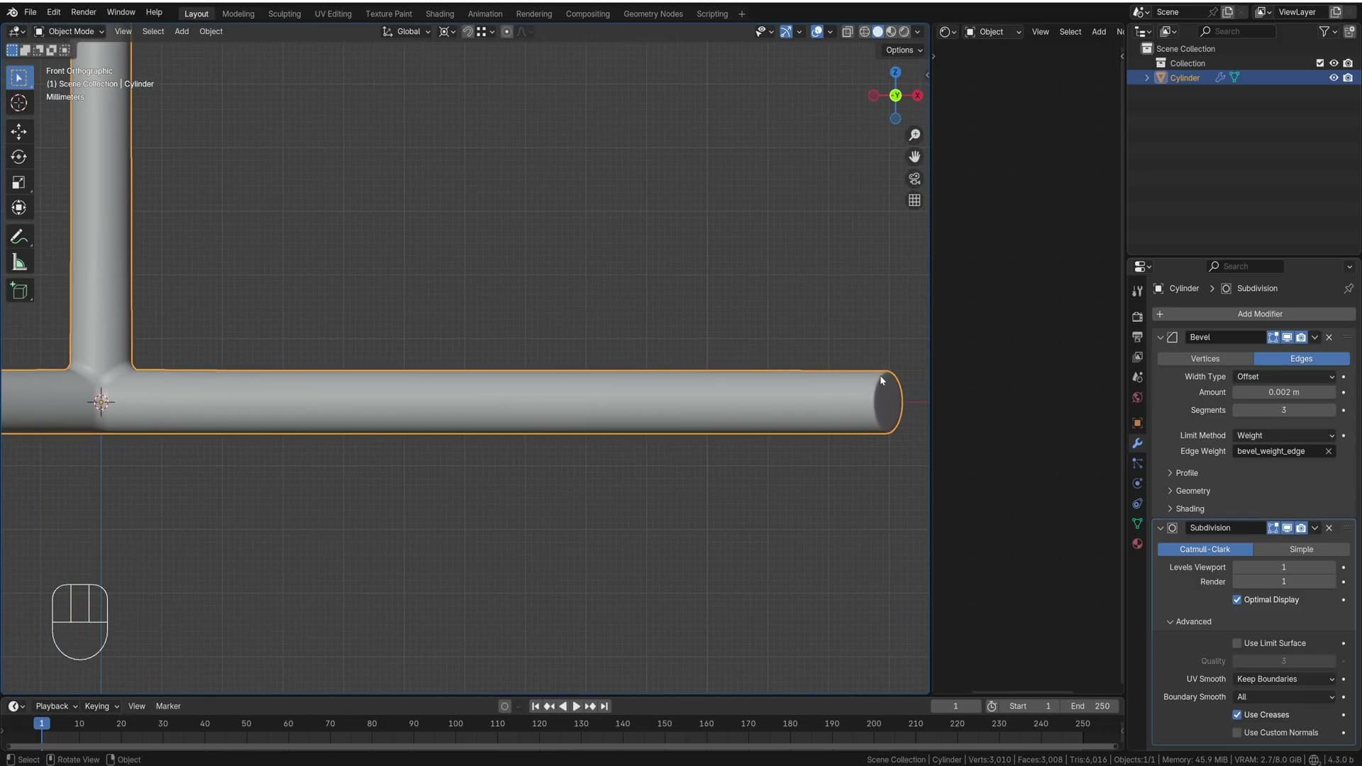 Subdivision surface added below the bevel modifier. Bevel runs first, then subdivide.