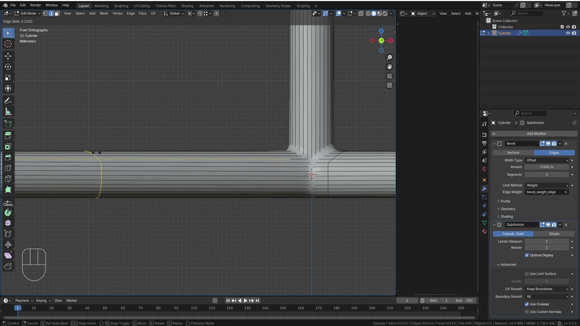 Ctrl+R loops added near each transition tighten the geometry so the pipe stays straight.