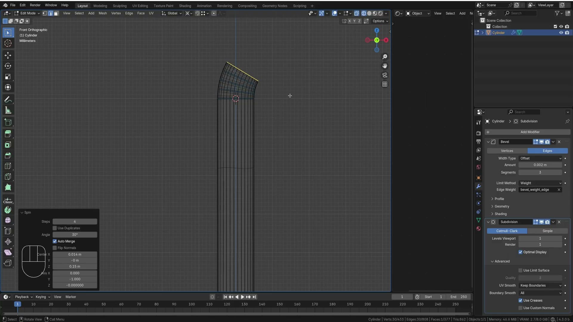 F3 → Spin sweeps the top edge 30° around the cursor to start the angled stem.
