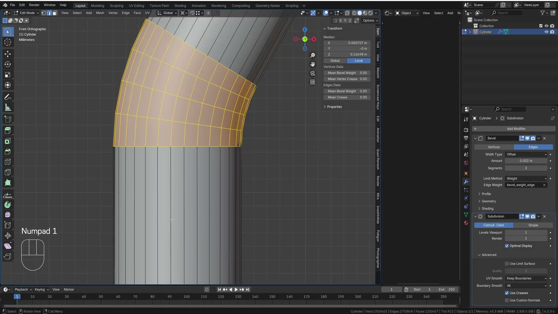 E extrudes the new edge into the angled stem; bevel weight cleared so subsurf reads it as a smooth pipe.