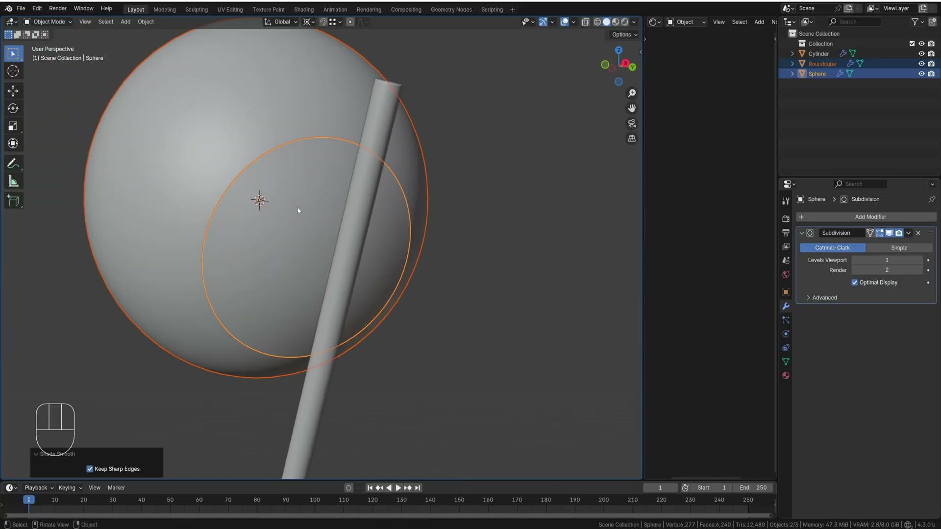 C paintbrush selects the connector band; the rest of the sphere is deleted.