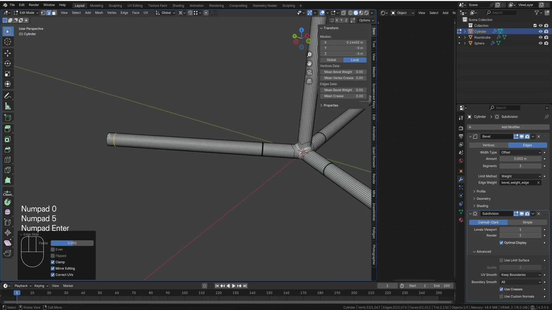Ctrl+B beveled three segments, then Alt+S insets and mean crease 1 keeps the groove sharp under subsurf.