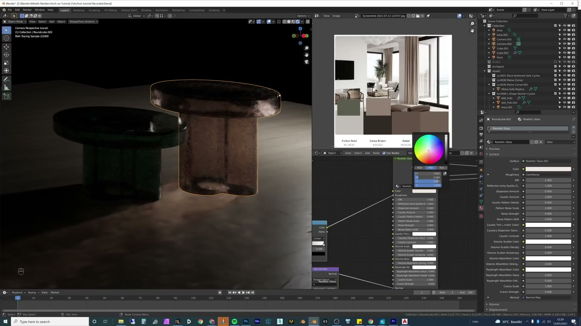 Caustic-capable glass showing realistic light transmission through the coffee table top.