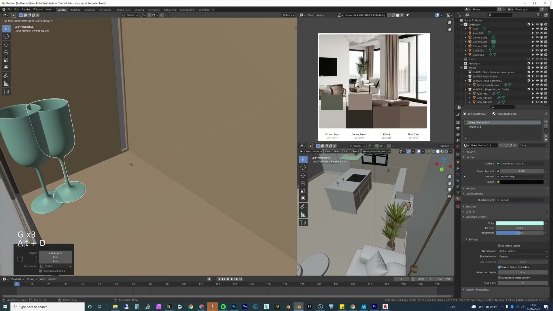 Mid-time-lapse view of accessory pass with kitchen styling, glassware and background plants taking shape.