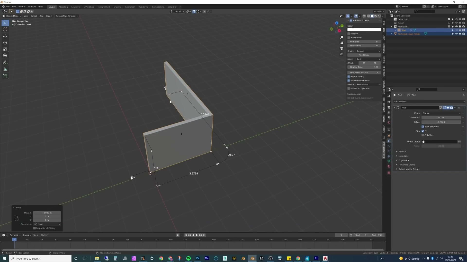 Archipack wall generator dropped into the scene as one of the three options before being deleted.