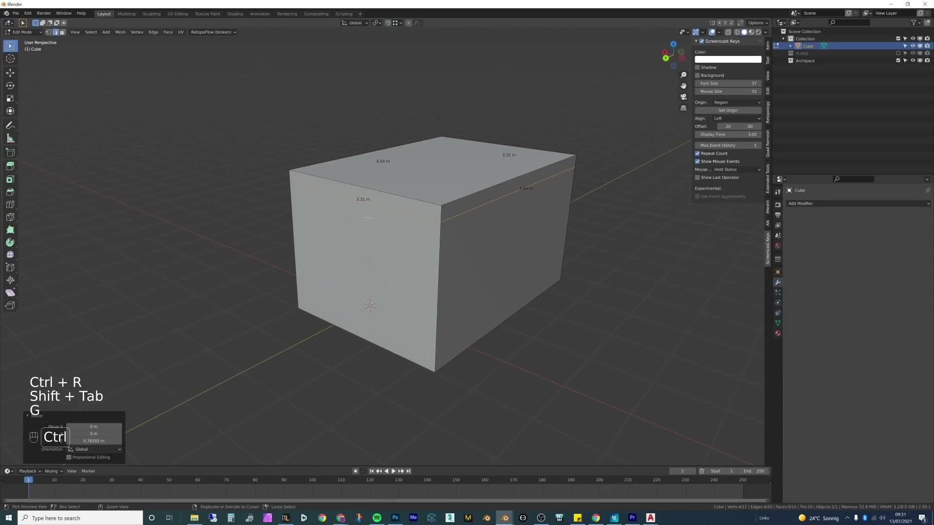 Cube extruded to room dimensions with edge-length readouts visible in edit mode.