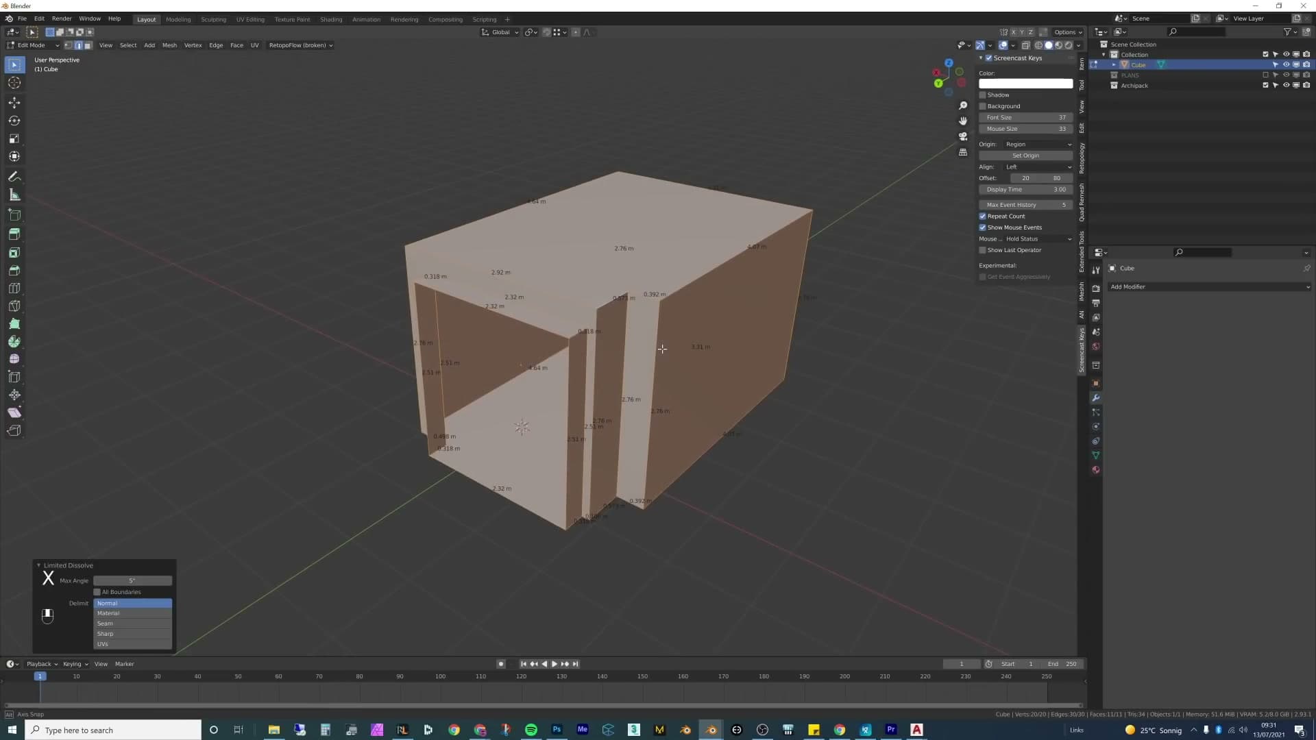 Limit-dissolve cleaning up extra loop cuts so faces can be moved freely.
