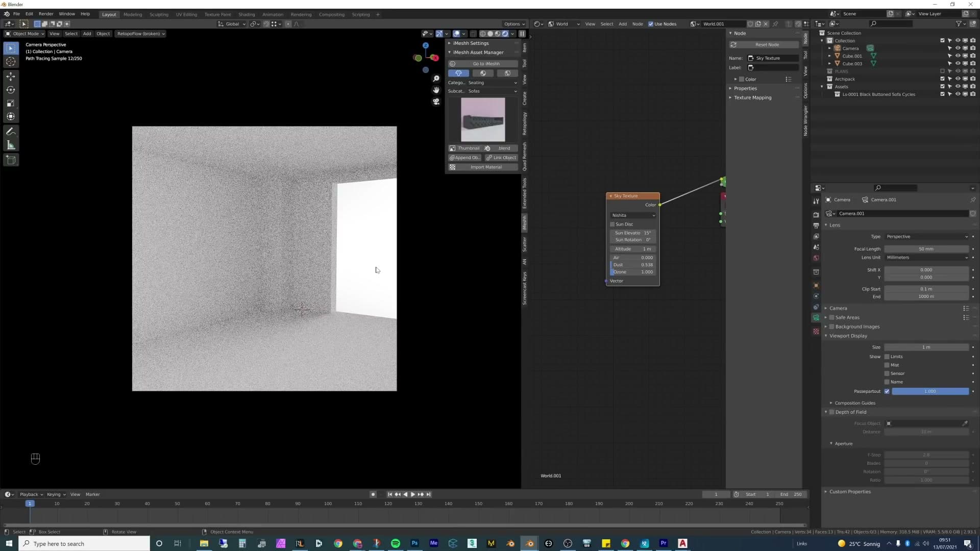 A direct Sun lamp cast across the empty room with a large angle for soft shadows.