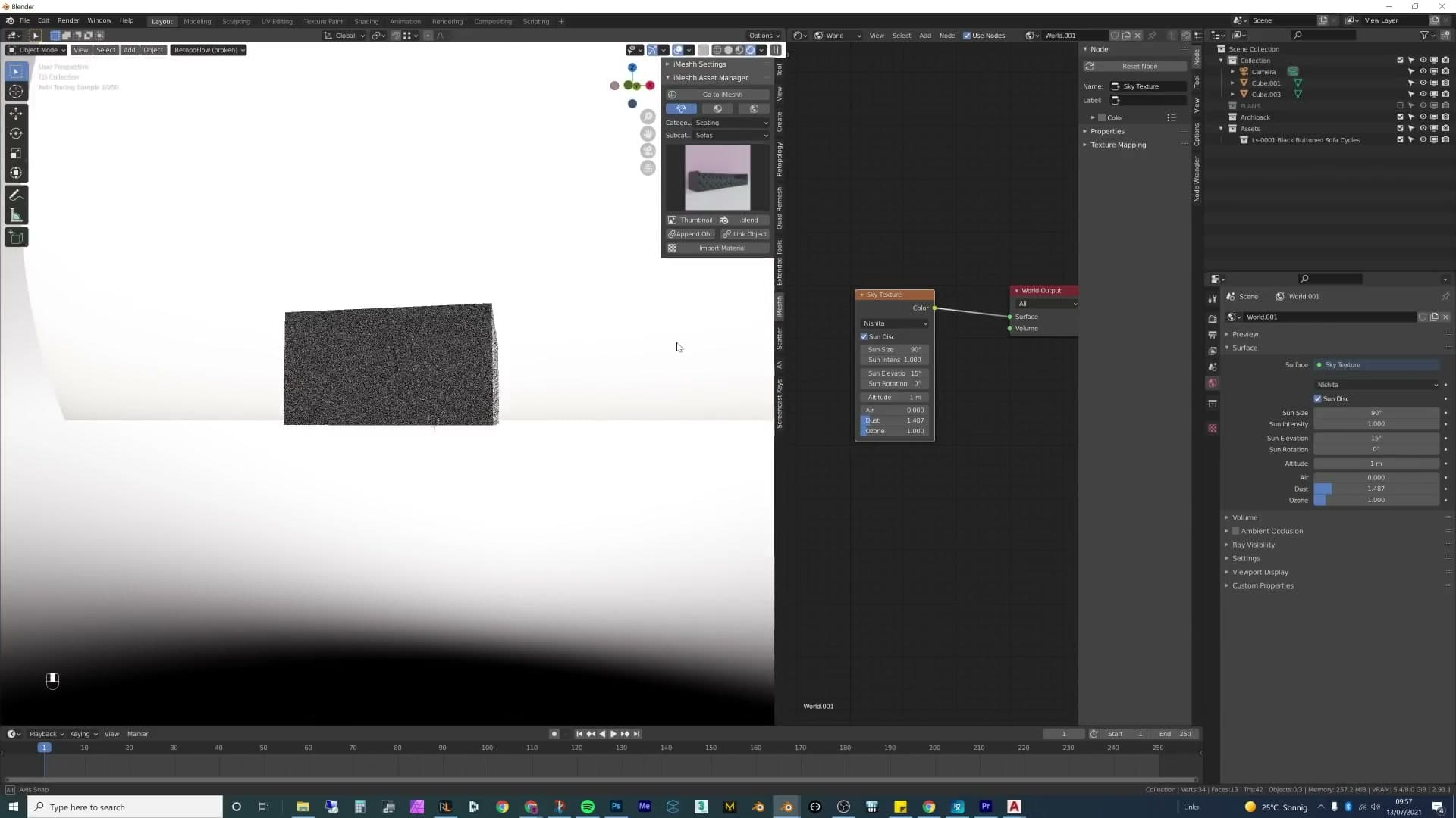 Nishita Sun and Sky texture wired into the World shader for a procedural daylight option.