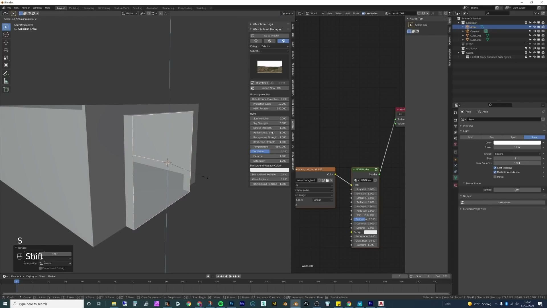 Area light snapped to a window face with the Portal checkbox enabled in the light properties.