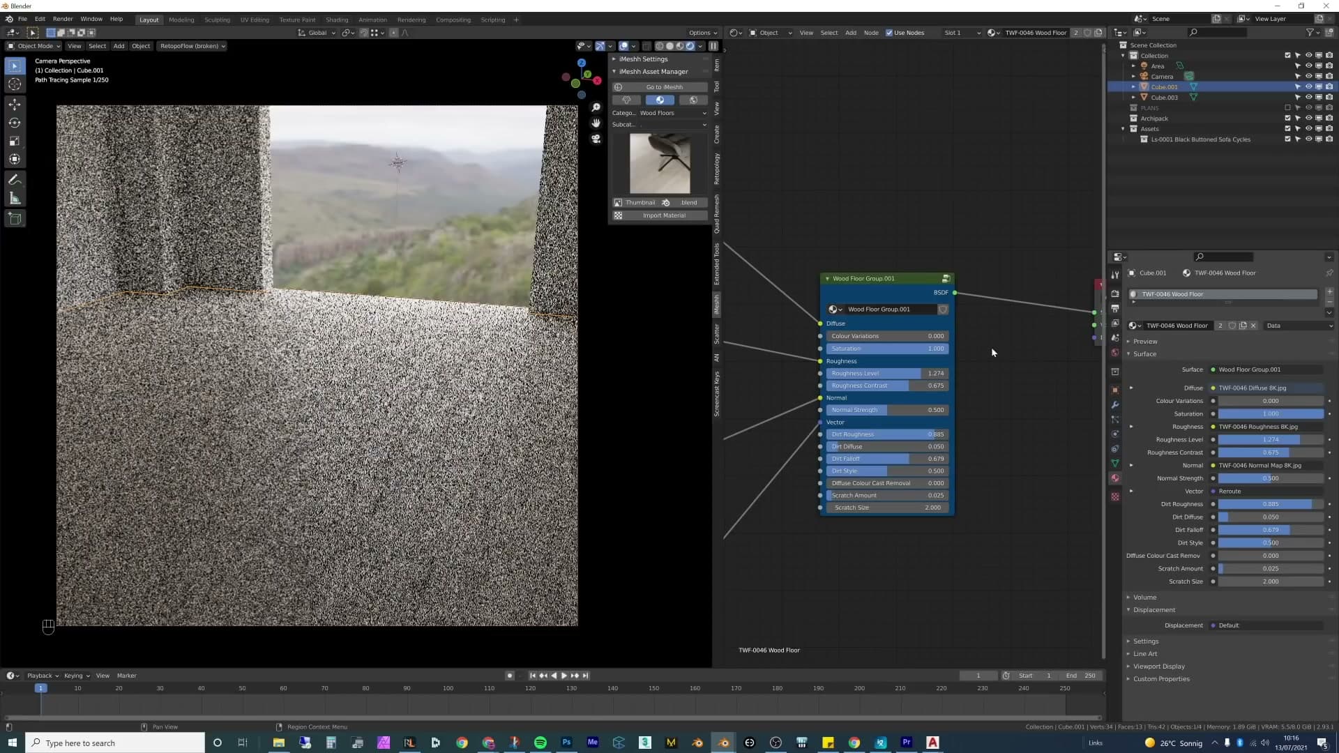 Wood floor material loaded with the 8K texture set causing viewport lag while tweaking values.