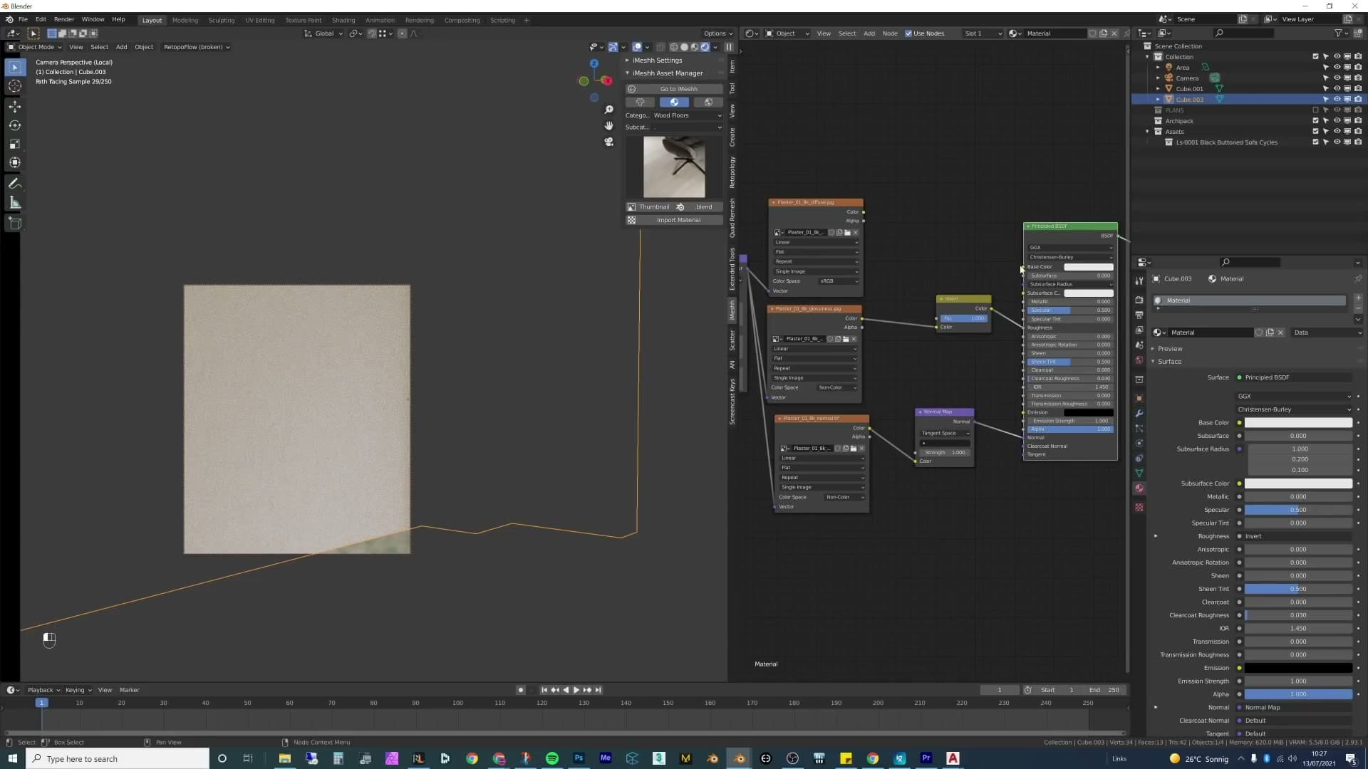 Texture coordinate set to Generated with Box projection on the wall material as an alternative.