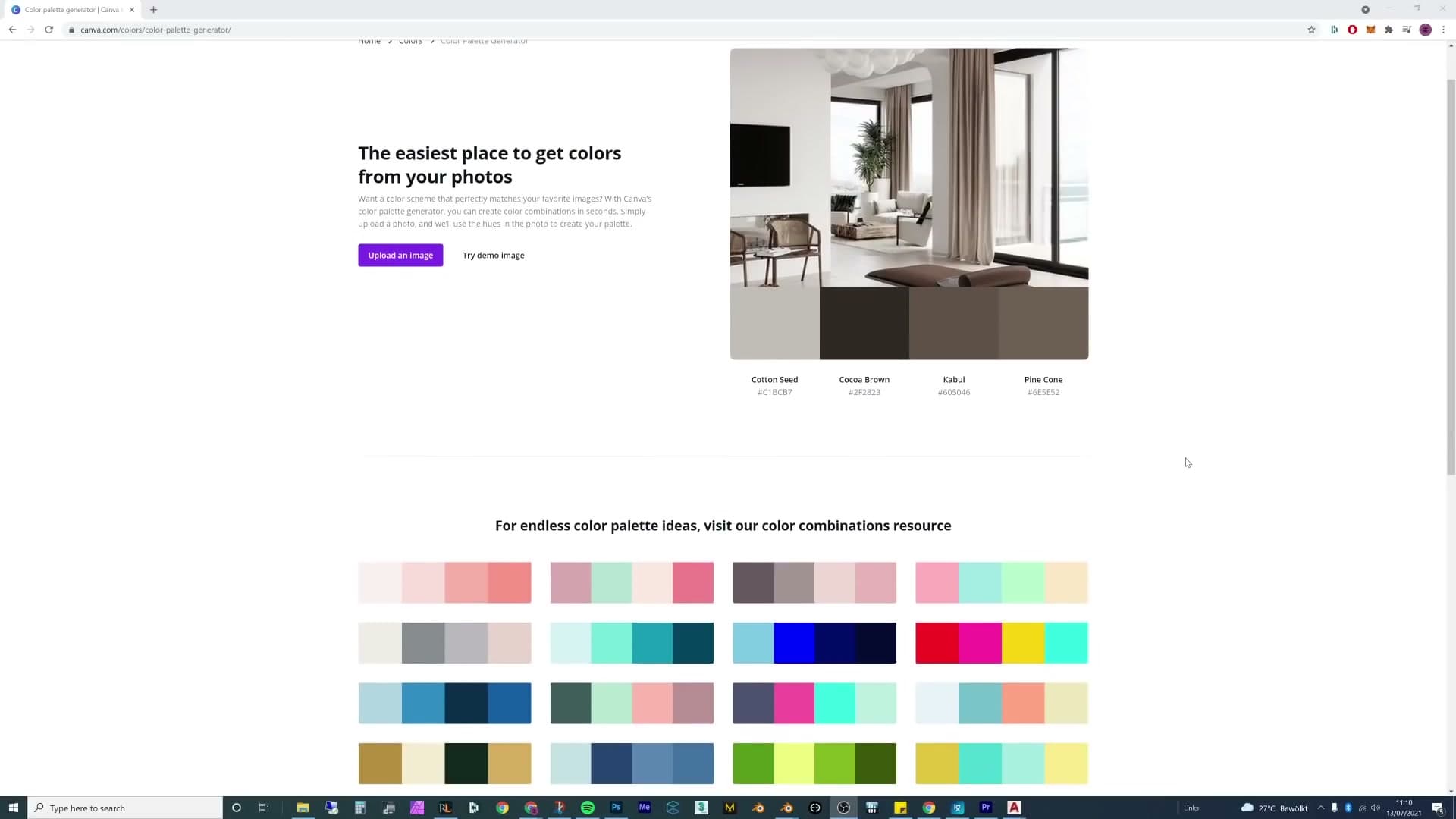 Reference interior shot uploaded to an online palette generator producing six dominant swatches.