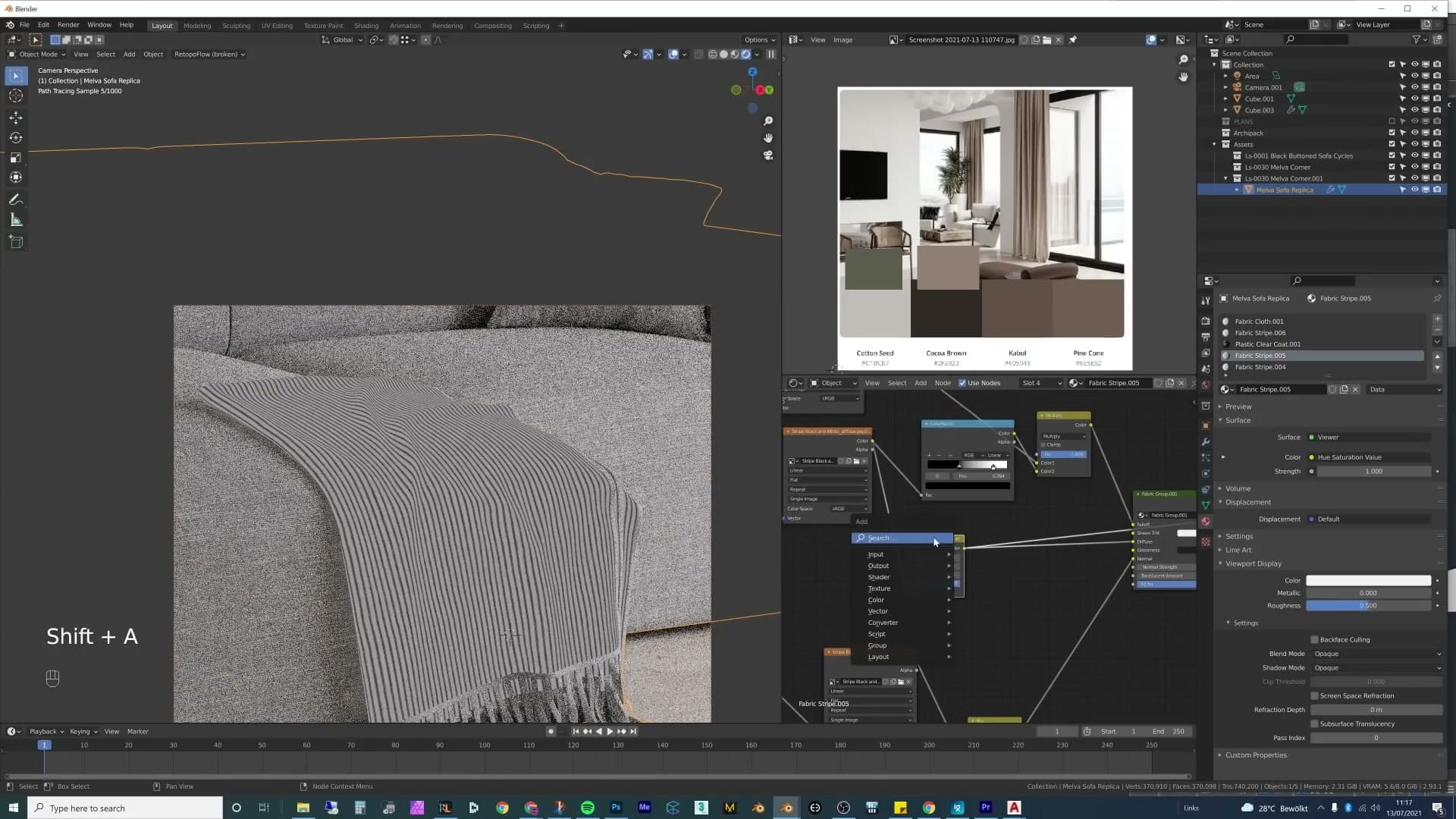 Mix-RGB node set to Colour mode driving the sofa fabric toward a palette swatch.