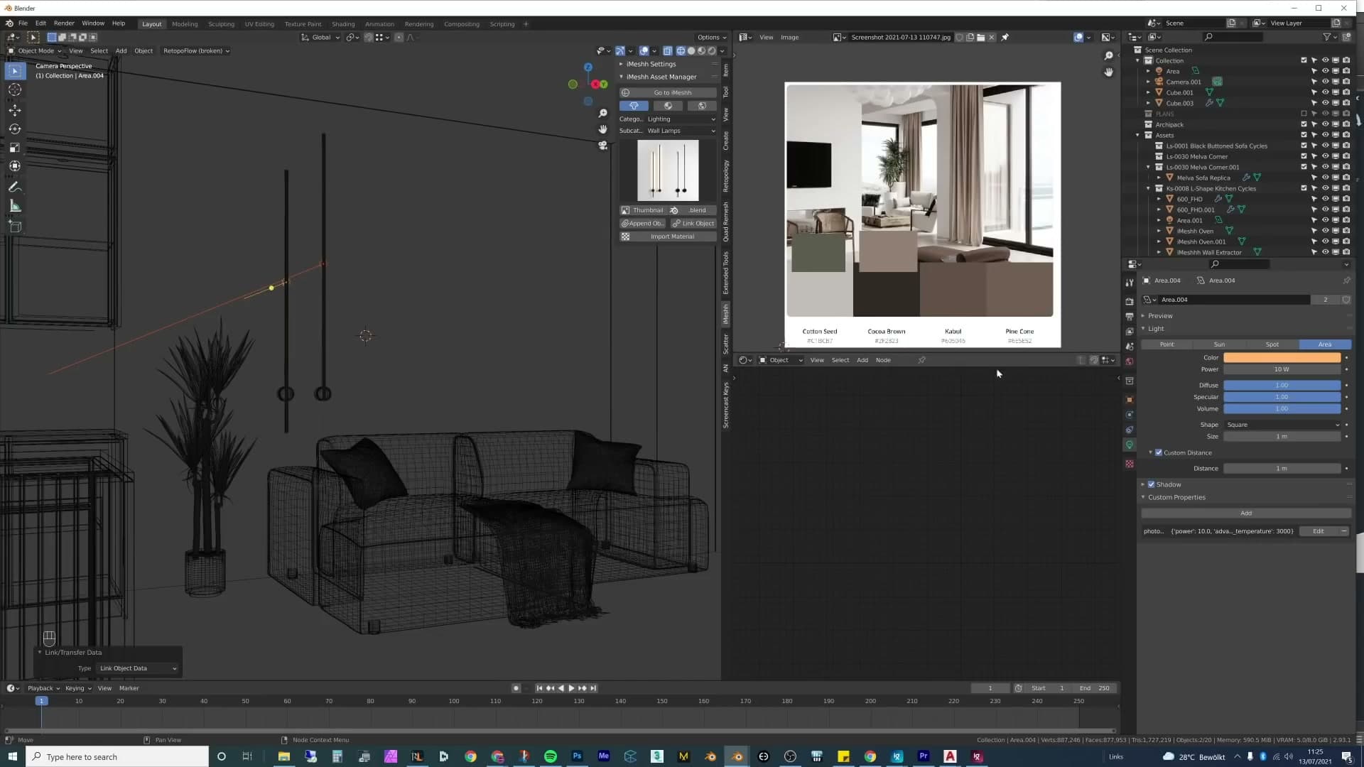 Camera nudged up and over so the kitchen line is visible above the back of the sofa.