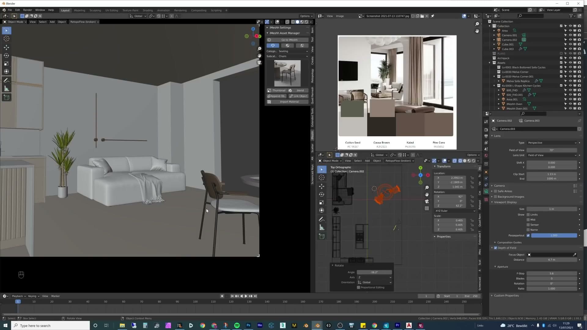 Dining table and chair positioned in front of the sofa to imply activity behind the camera.