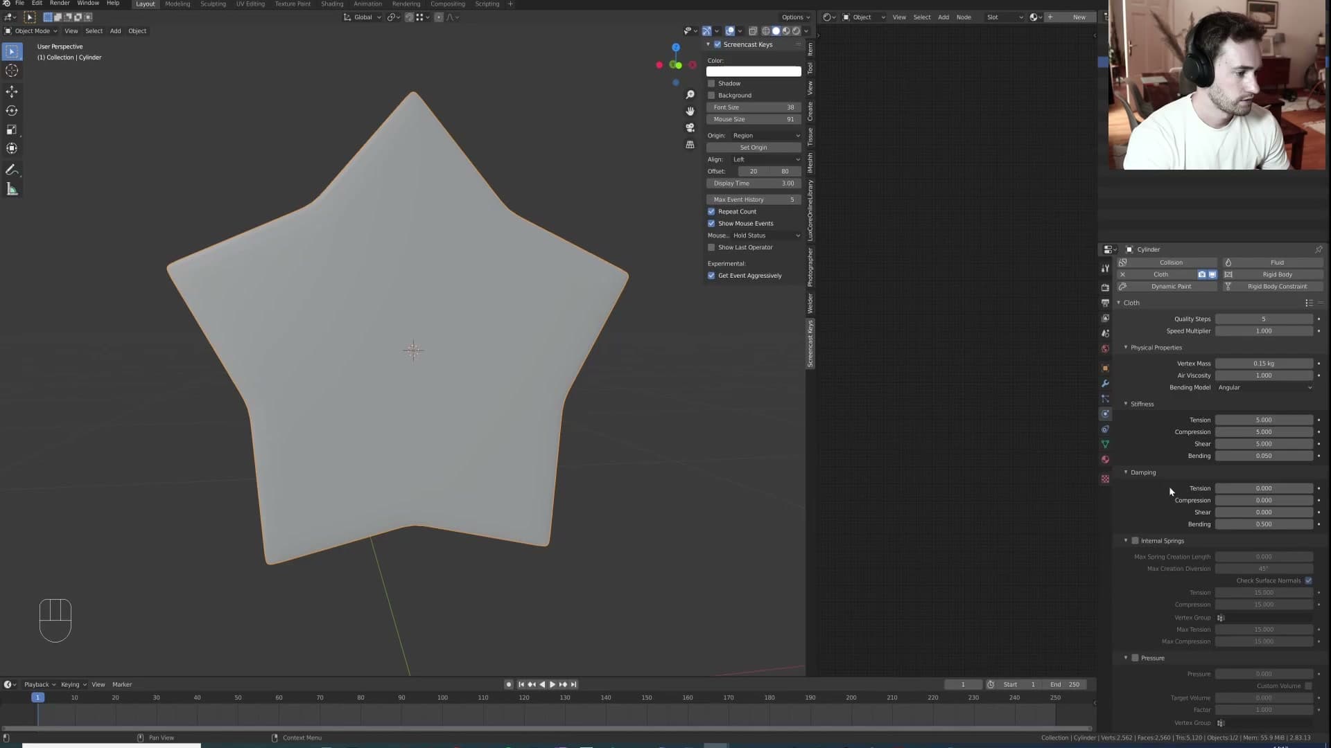 Scene gravity set to 0 with the Silk cloth preset loaded. The starting point for pressure-only inflation.