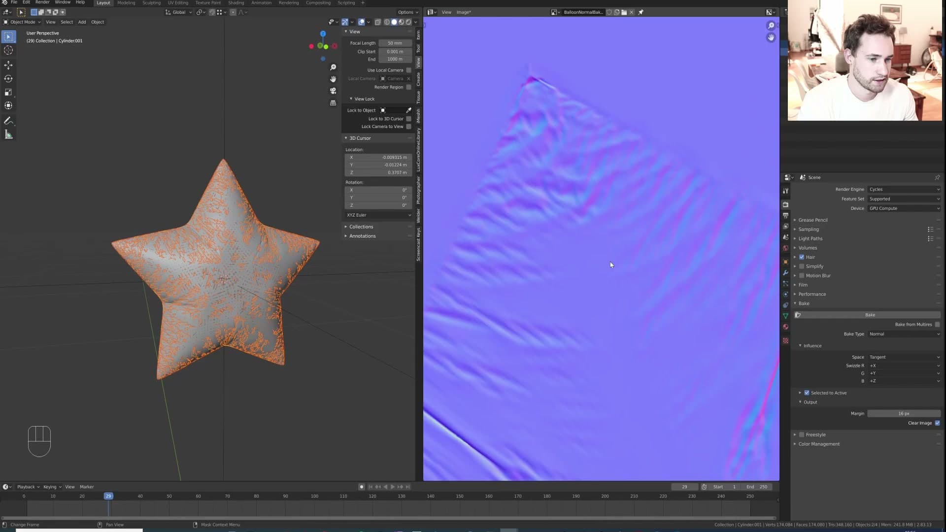 Selected to Active enabled, bake type set to Normal. High poly selected first, low poly active.