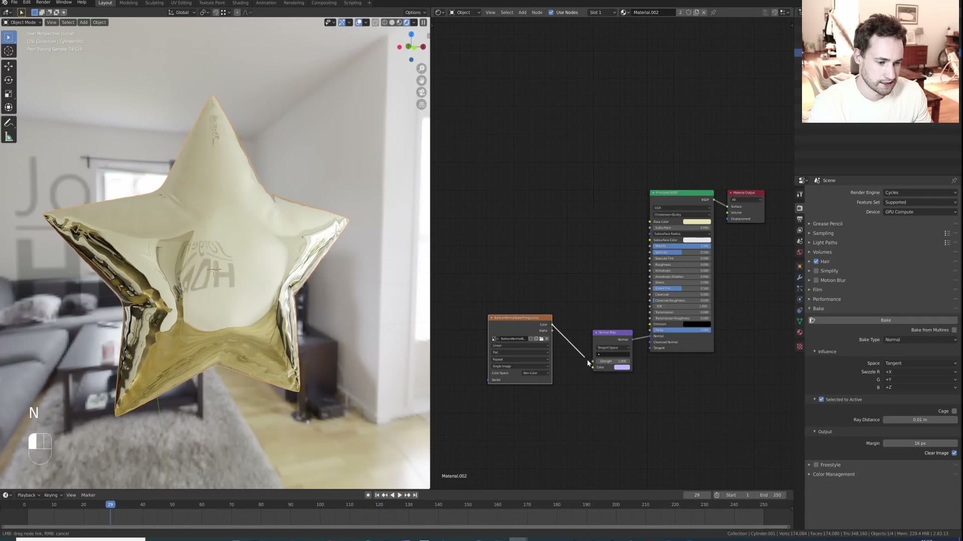 Image Texture set to Non-Color, Normal Map, Principled BSDF. Low poly now reads like the high-poly result.