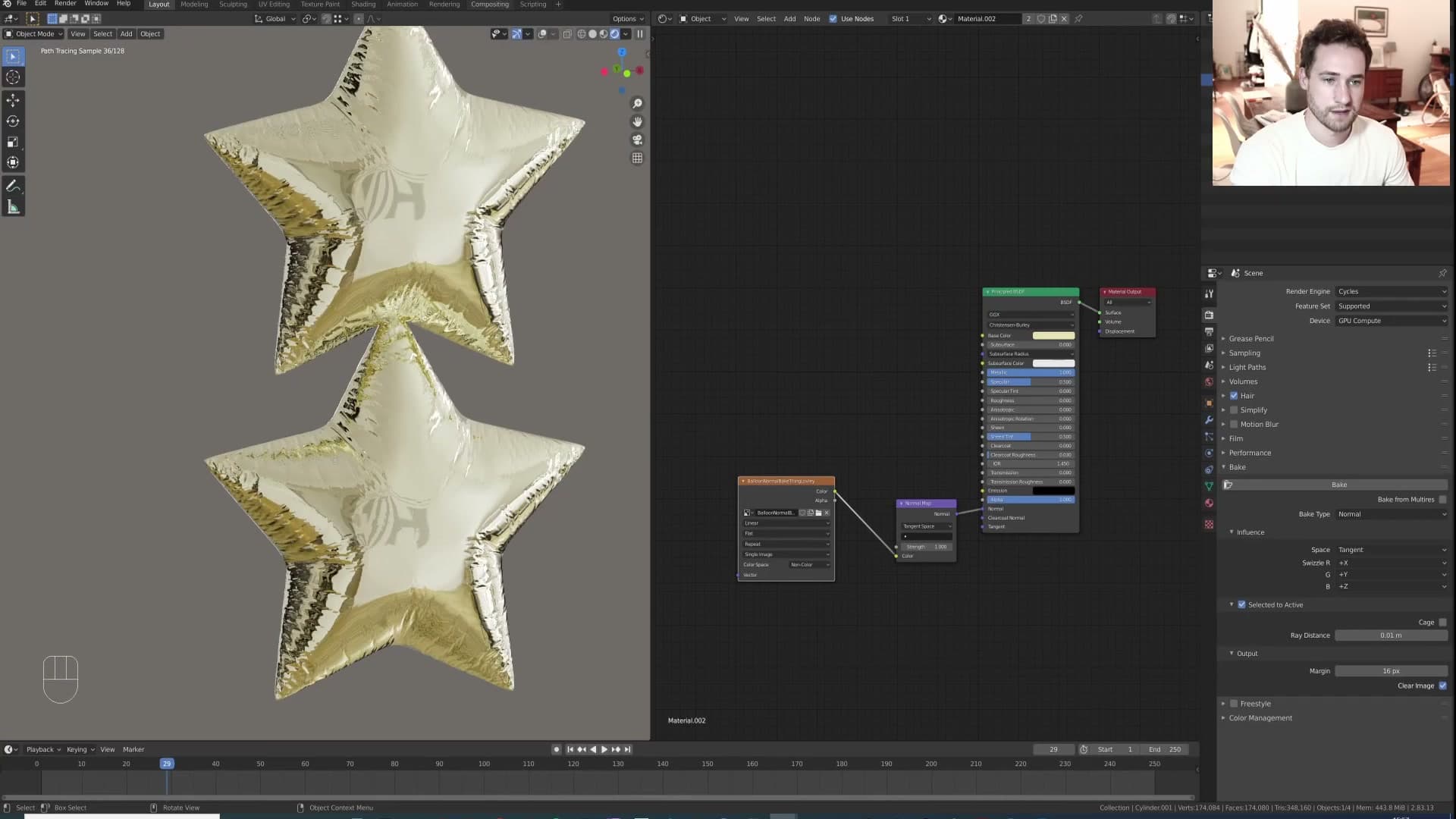 Side-by-side compare: low poly with baked normal vs. original high-poly sim.