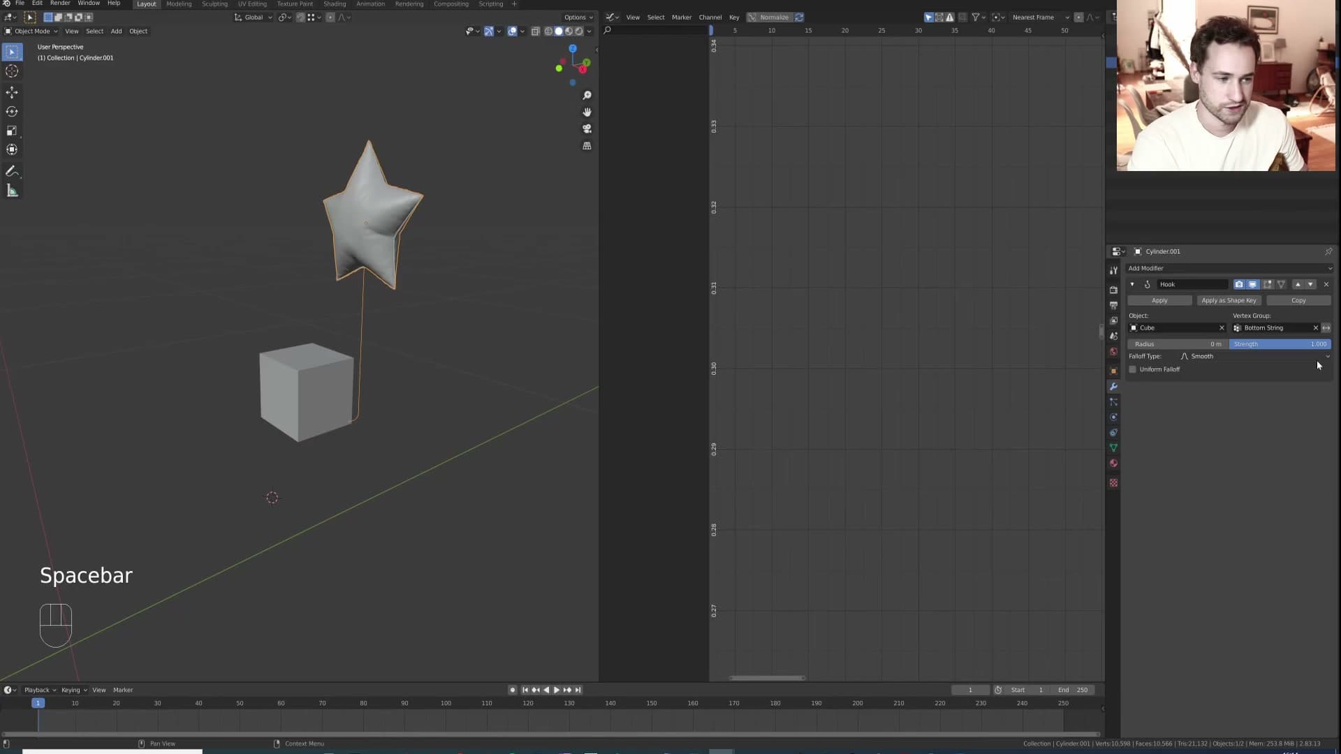 Hook modifier targeting the cube, vertex group set to 'bottom string'. The string now follows the cube.