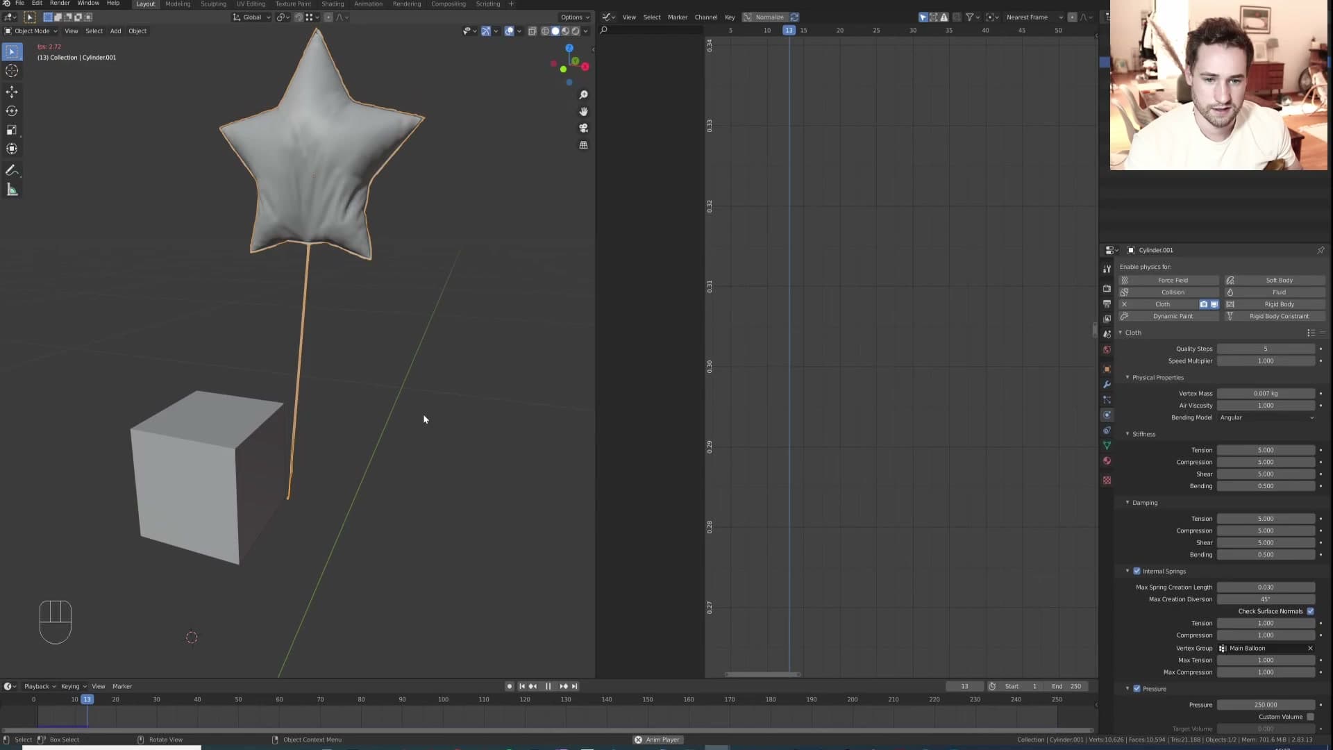 Scene gravity Z set to +9.8 and cloth mass dropped to ~0.007. The balloon now rises against the string tension.
