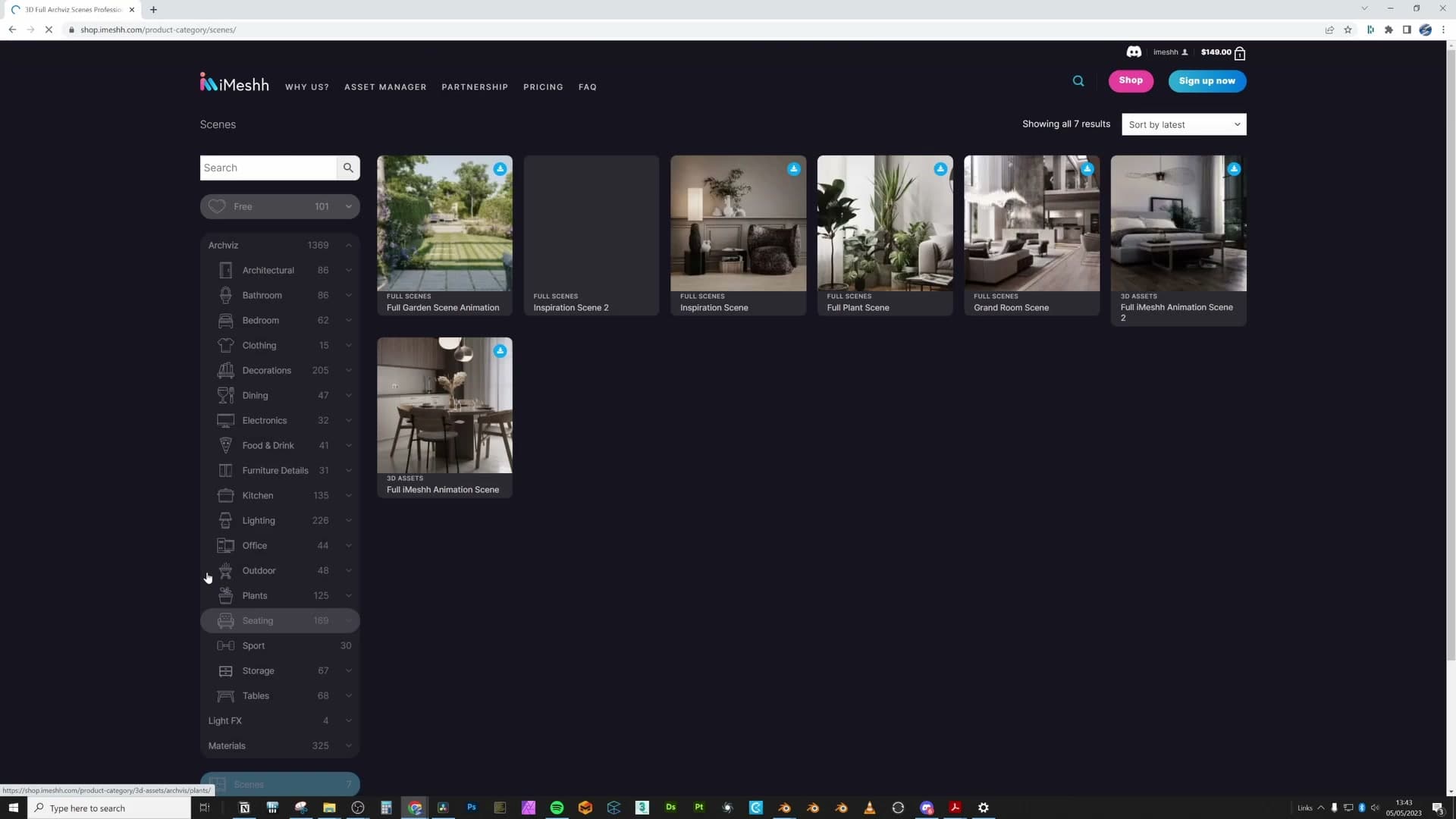 iMeshh's Scenes section lists full project files any subscriber can download.