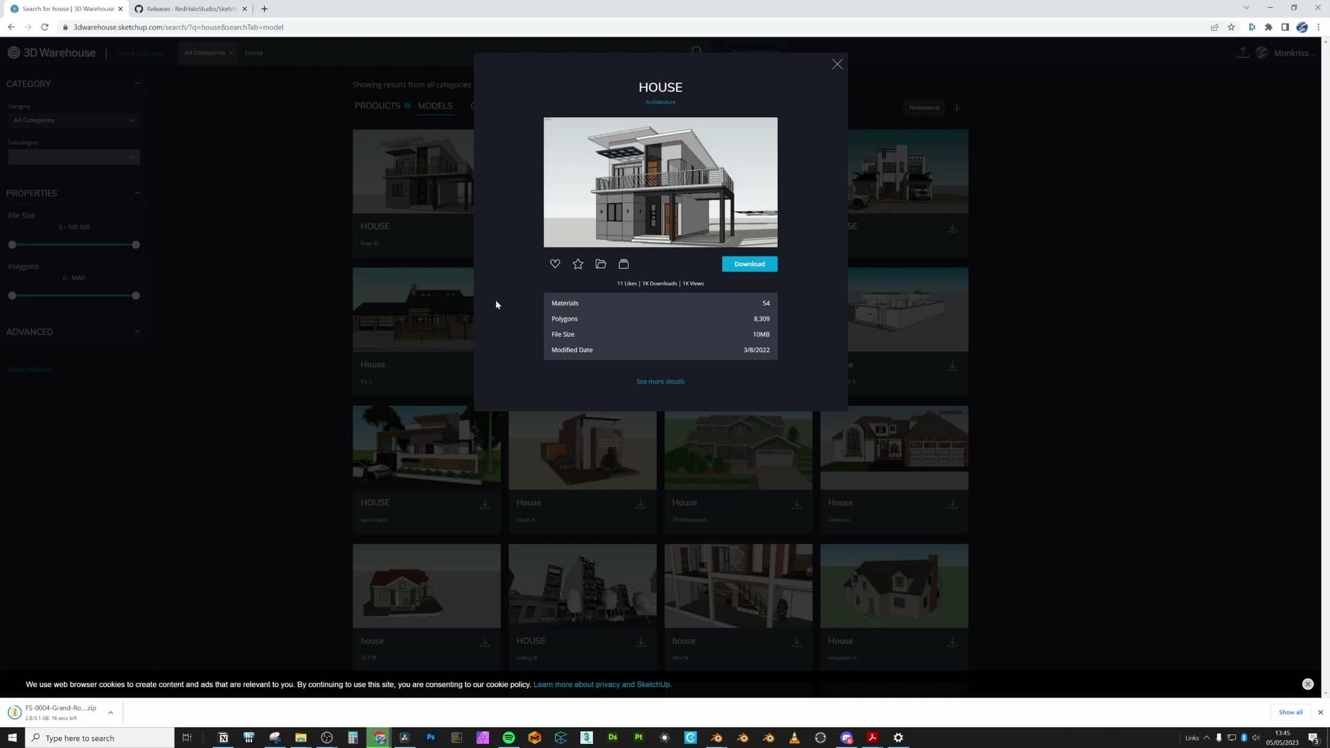 3D Warehouse has free house models that can be imported into Blender via a free SketchUp plugin.