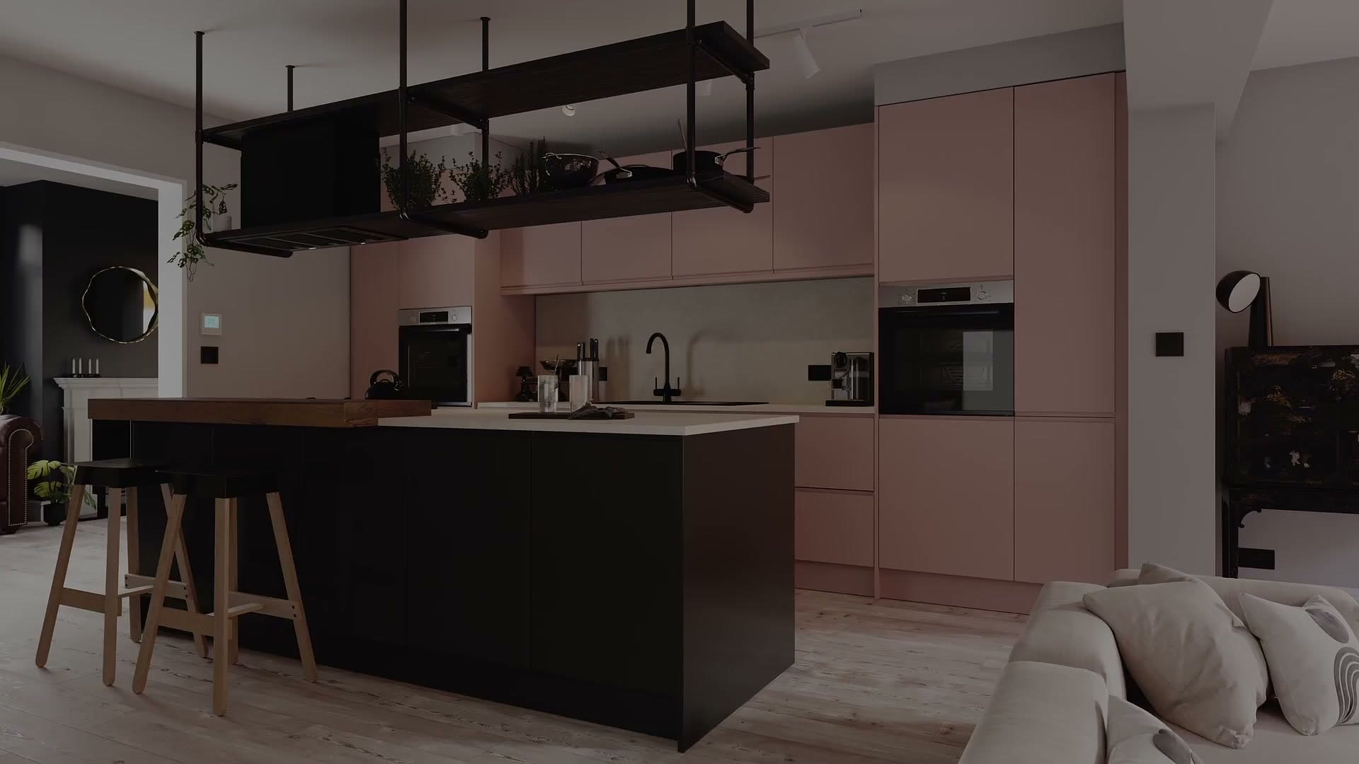 Kitchen walkthrough example: the final constructed kitchen acts as the hero shot that sells the whole animation.