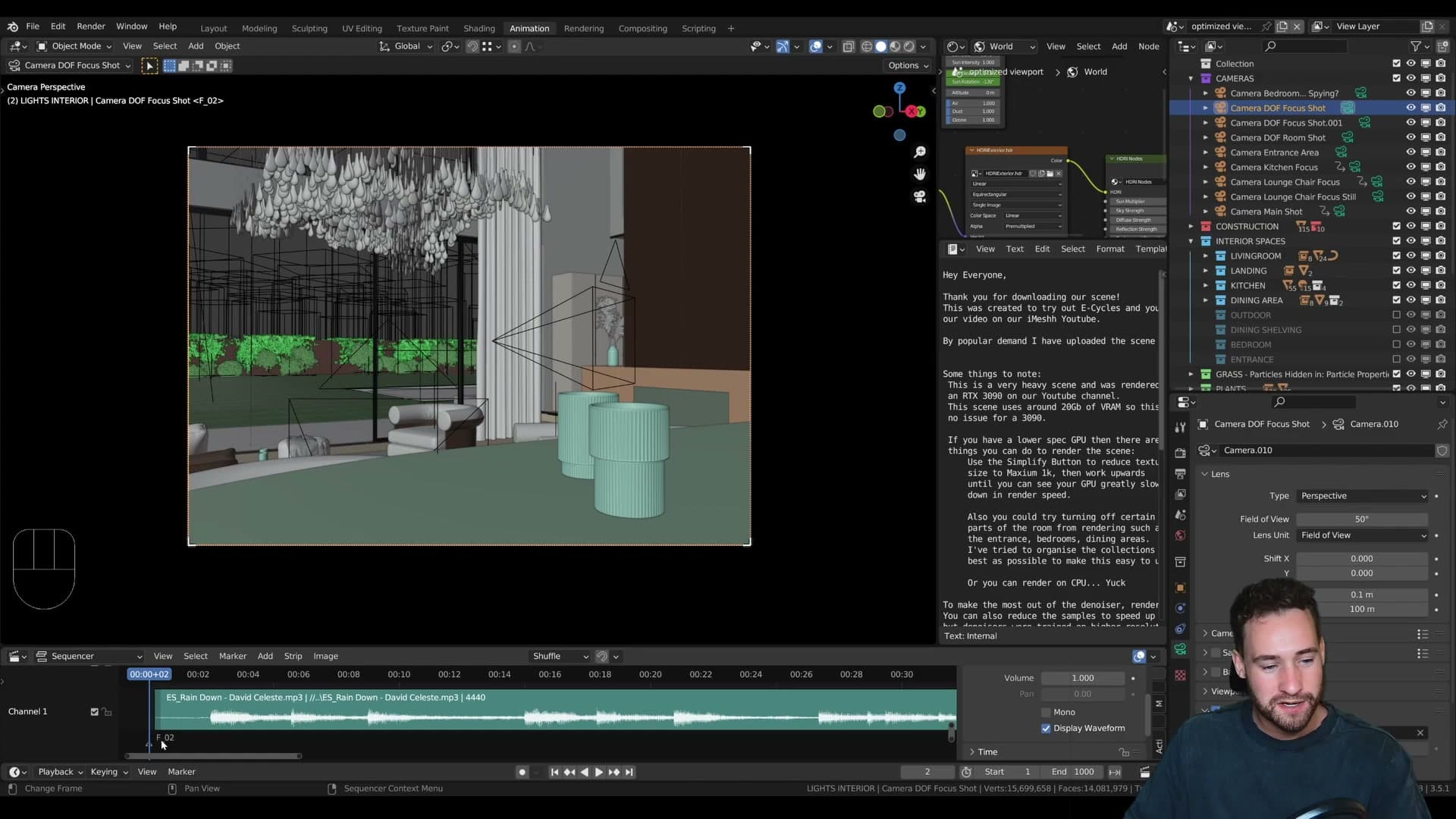 A timeline marker is selected and Ctrl+B binds the active camera to that frame.