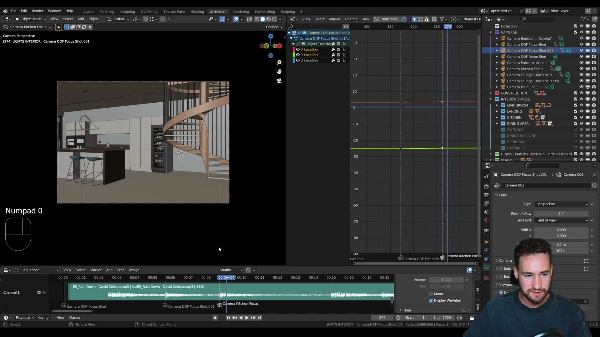 Adjusting individual axis curves in the graph editor so each camera travels at a similar speed.