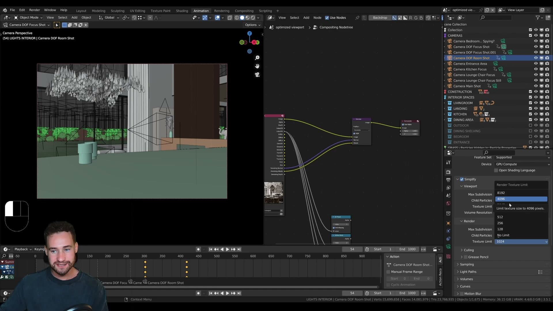Simplify → Texture Size for Render dropped to 1K, generally invisible at final render size and saves huge amounts of VRAM.