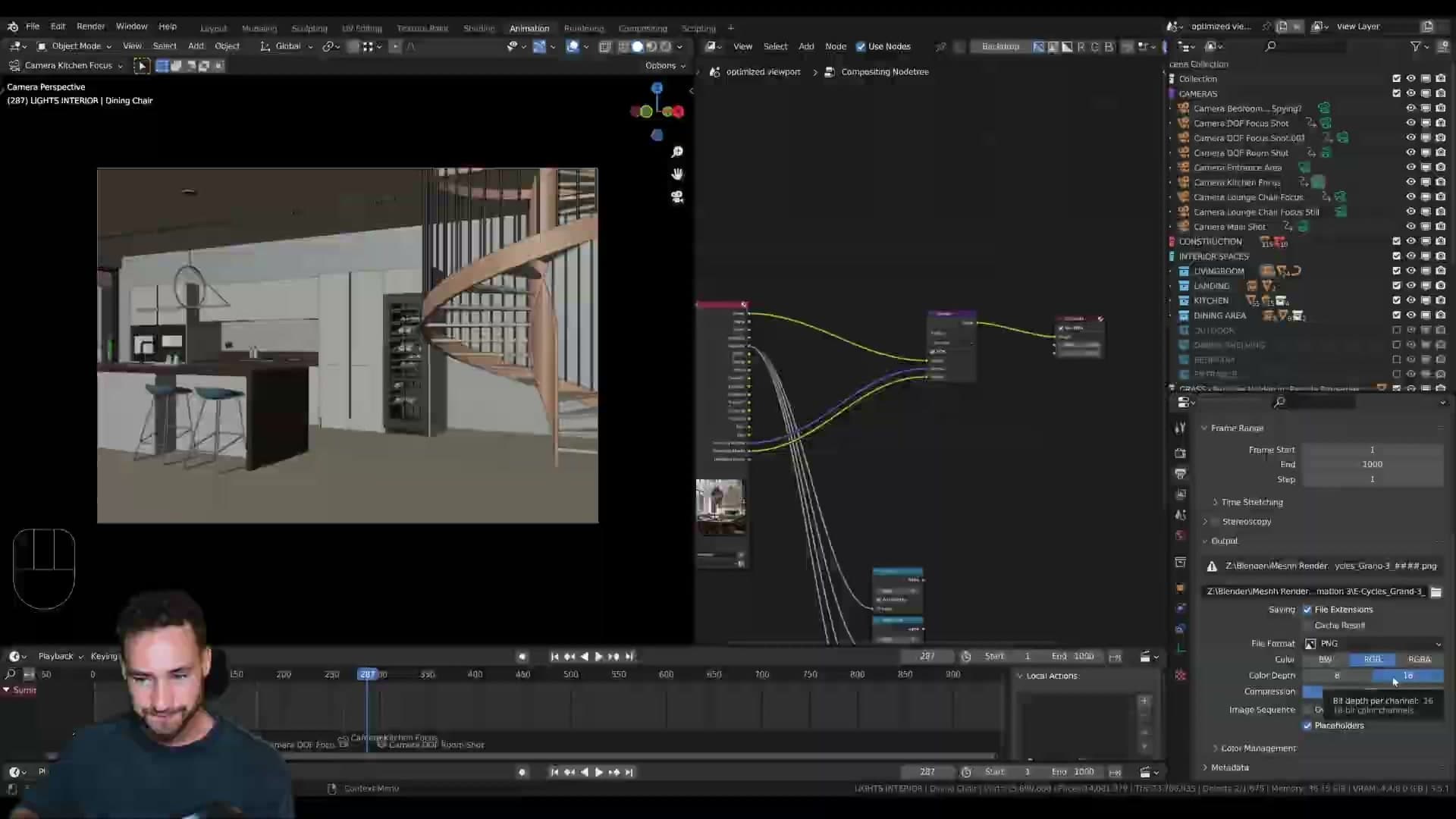 Output set to JPEG for the draft (and 16-bit PNG for finals) so a crash at frame 749 does not lose every frame.