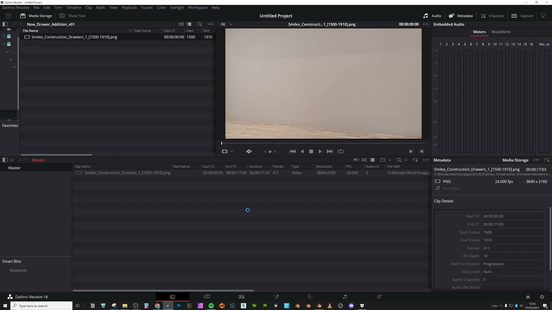 Frame sequence collapsed to a single clip in DaVinci's media pool via the three-button stack icon.