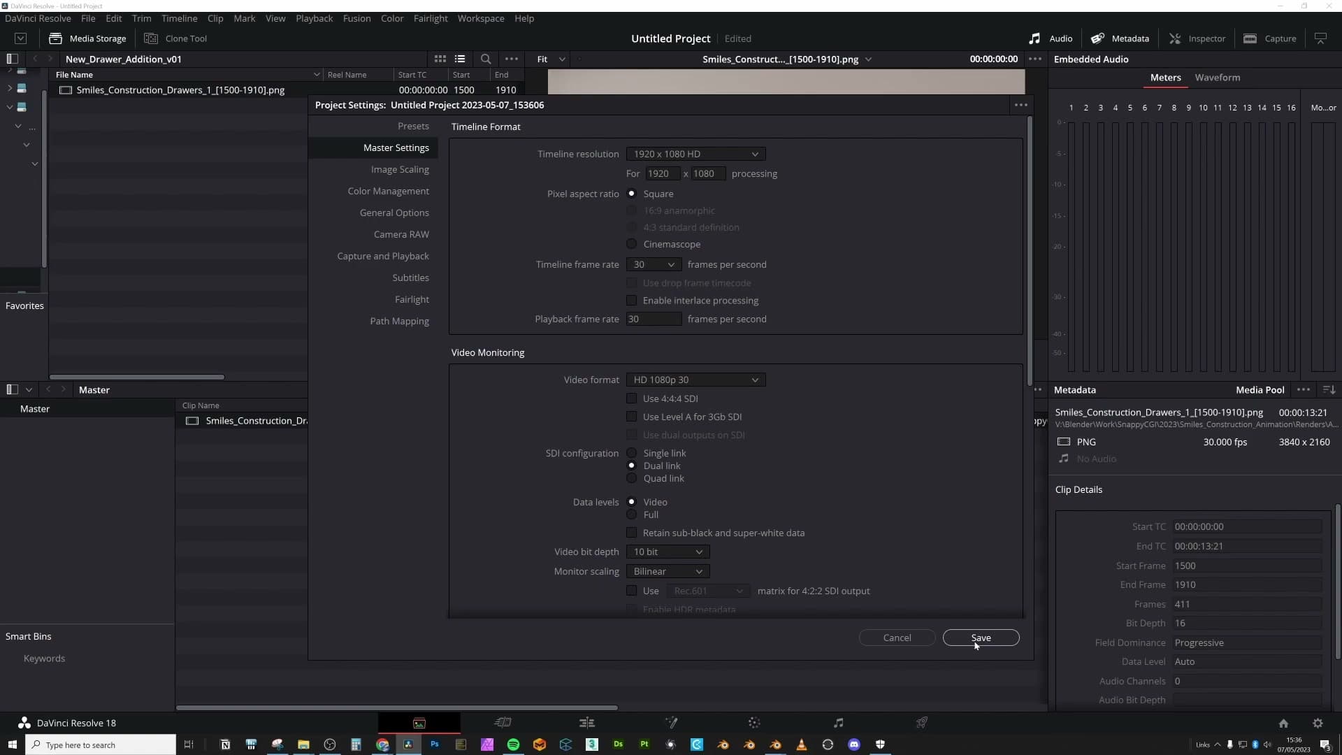 Clip Attributes and Project Settings both set to 30 fps to match Blender's output.
