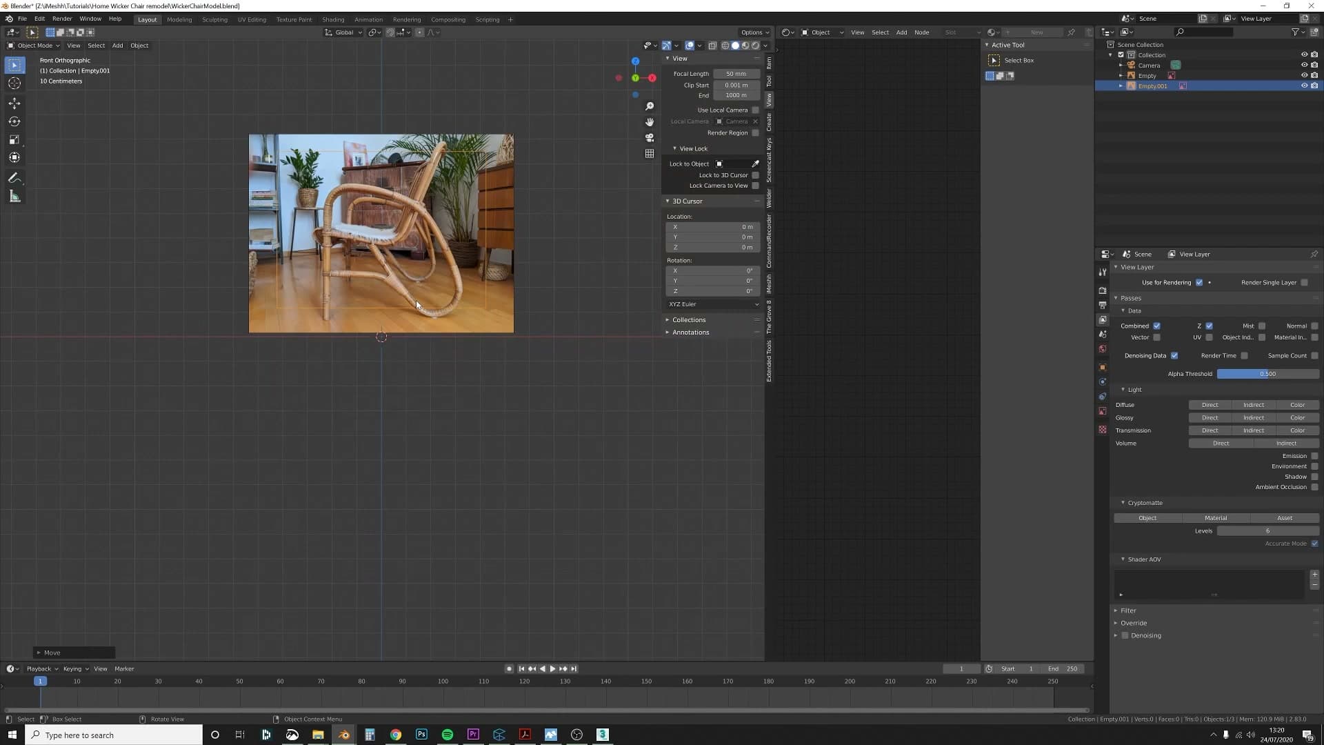 Side, front, and back reference photos loaded and roughly aligned in the Blender viewport.