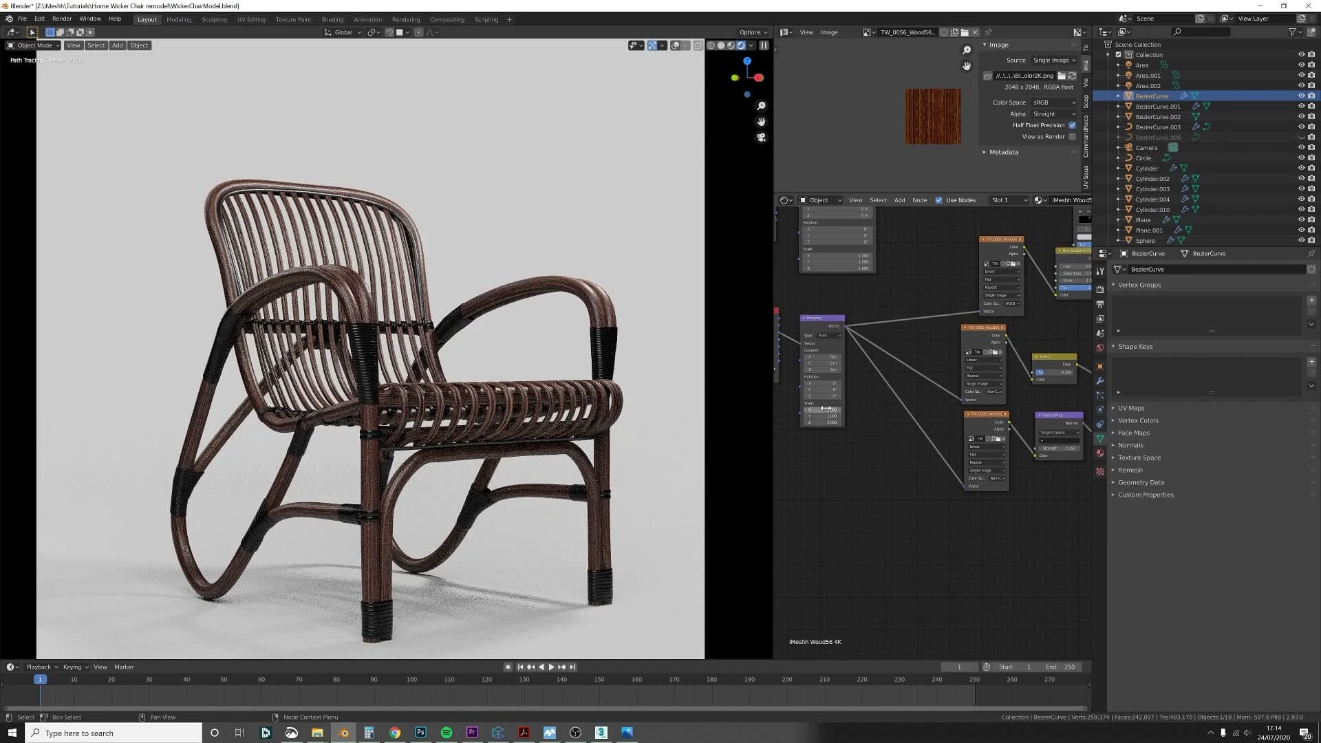 Camera positioned at 90 degrees to the chair with depth of field enabled - the final composition for the hero render.